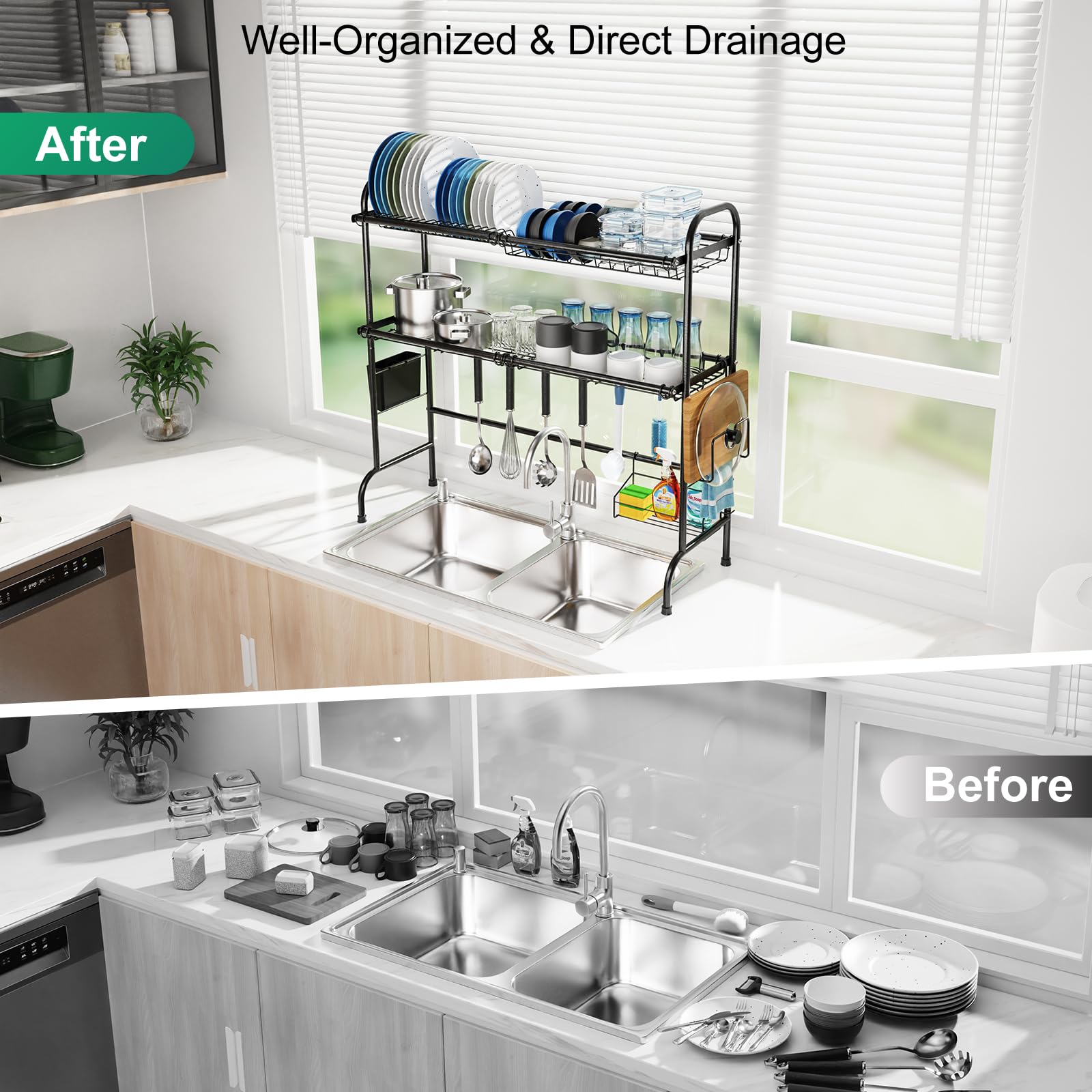 Gslife Stainless Steel Over The Sink Dish Drying Rack - 2 Tier Dish Rack Over Sink, Dish Drainer Rack With Utensil Holder And Cu