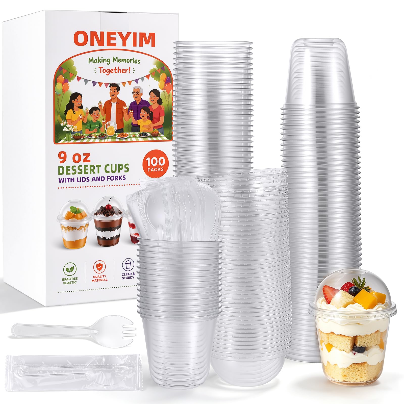 [100 Packs] 9 oz Dessert Cups with Dome Lids and Sporks Bulk for Party