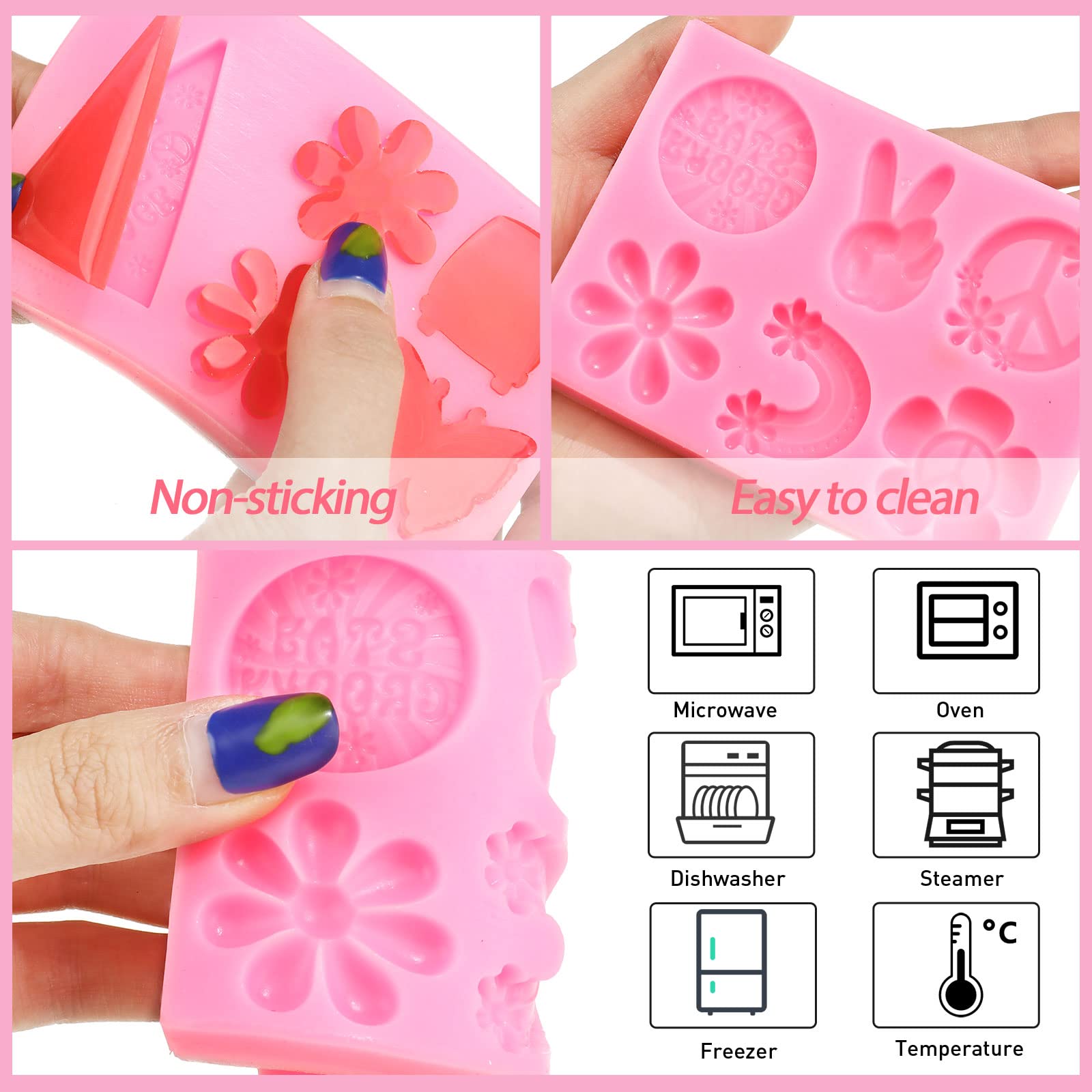 2 Set Groovy Silicone Molds Fondant Molds Daisy Rainbows Flower Silicone Molds For Groovy Retro Hippie Boho Party Supplies Decor