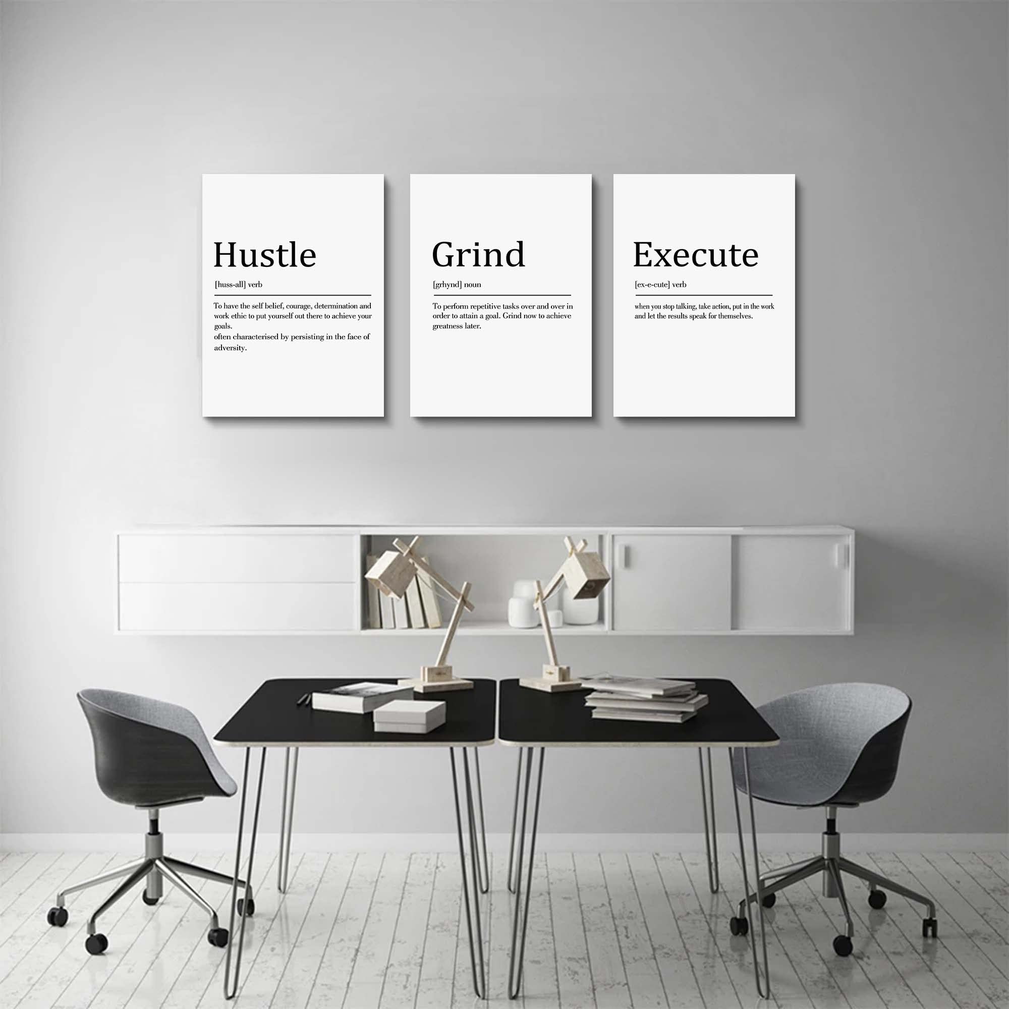 Hustle Grind Execute, Inspirational Wall Decor Art - Framed Canvas Office Decor, Quote Poster, Office Wall Art, White Large Post