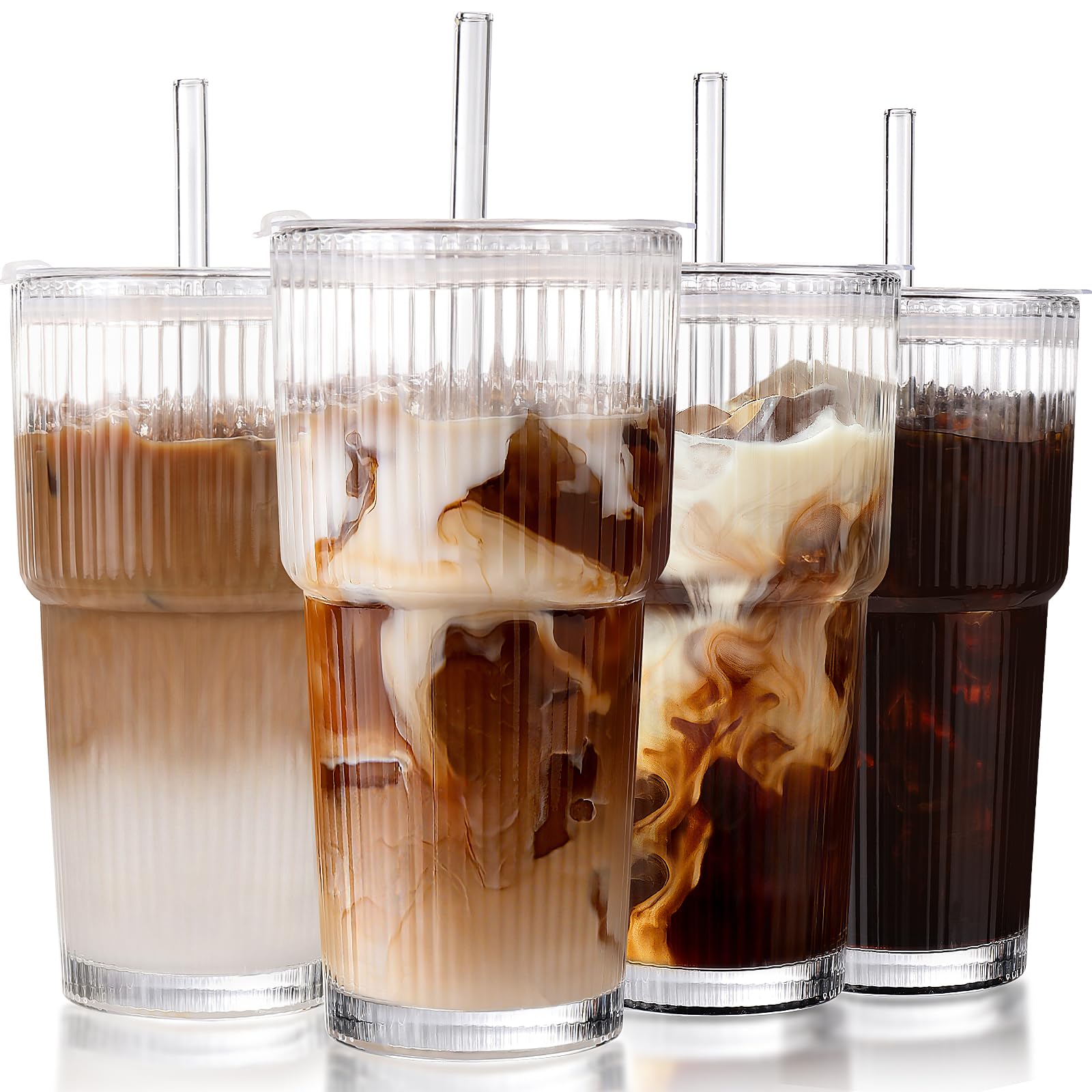 Iced Coffee Cups with Lids: Coffee Bar Accessories - Ribbed Glass Tumbler with Straw and Lid 4Pcs - 20oz Leak Proof Tumbler - Re