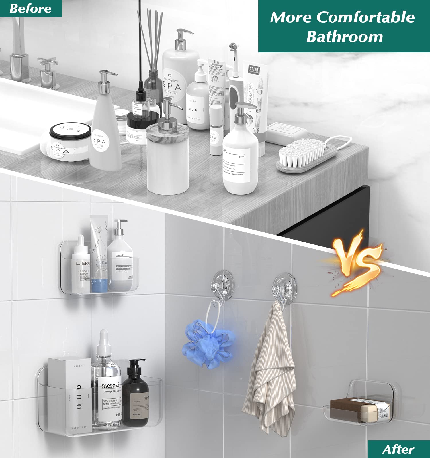 Jndetop Shower Caddy, 2 Pack Adhesive Clear Acrylic Bathroom Shower Shelf Organizer, Transparent No Drilling Wall Mount Shower S