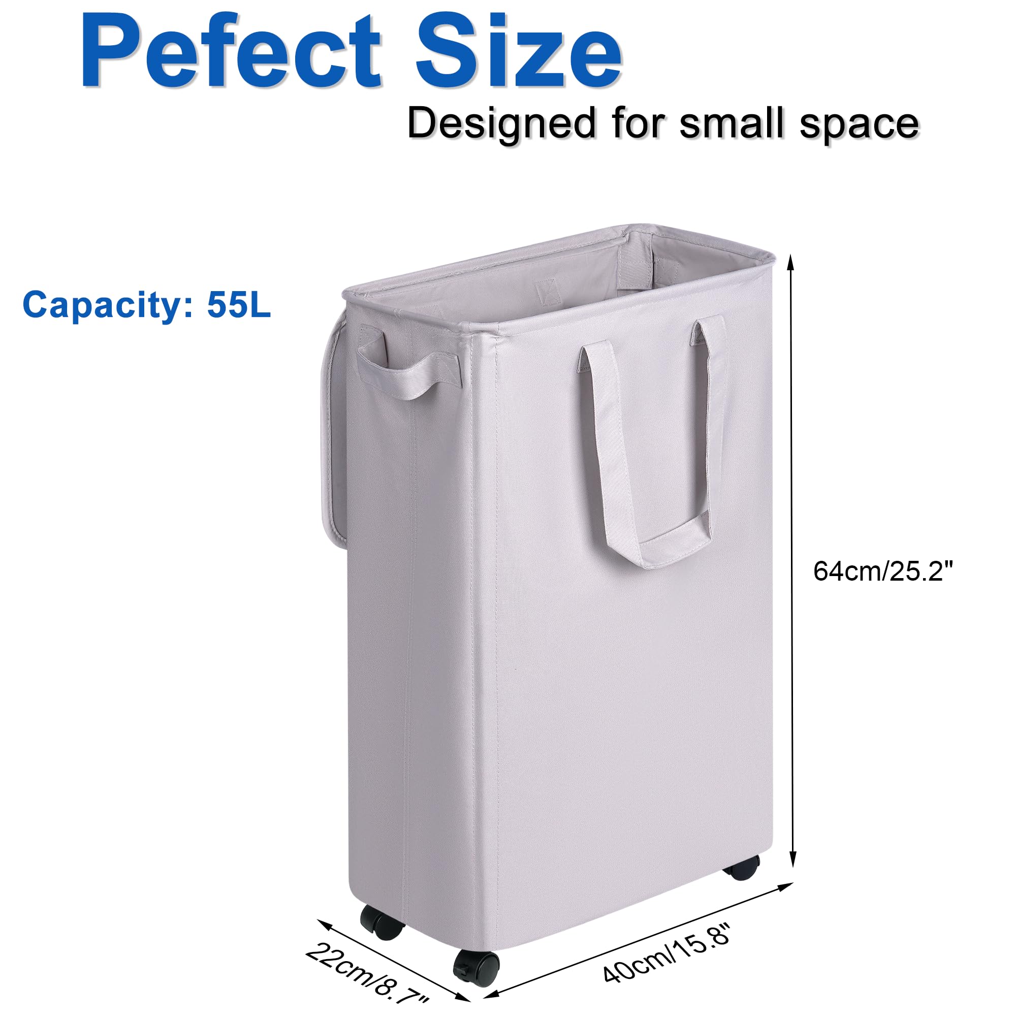 Vincona Slim Laundry Hamper With Lid And Wheels, Small Rolling Laundry Basket With Handle For Small Spaces, Tall Dirty Clothes H