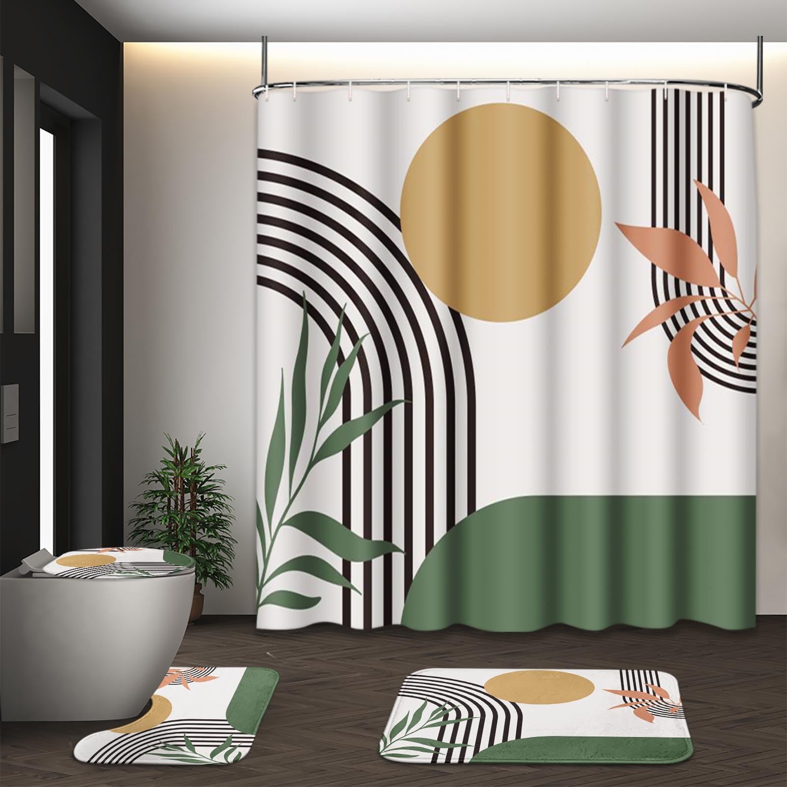 Tayney Boho Mid Century Shower Curtain Set With Toilet Lid Cover And Non-Slip Rugs, Abstract Green 4 Pcs Modern Minimalist Showe