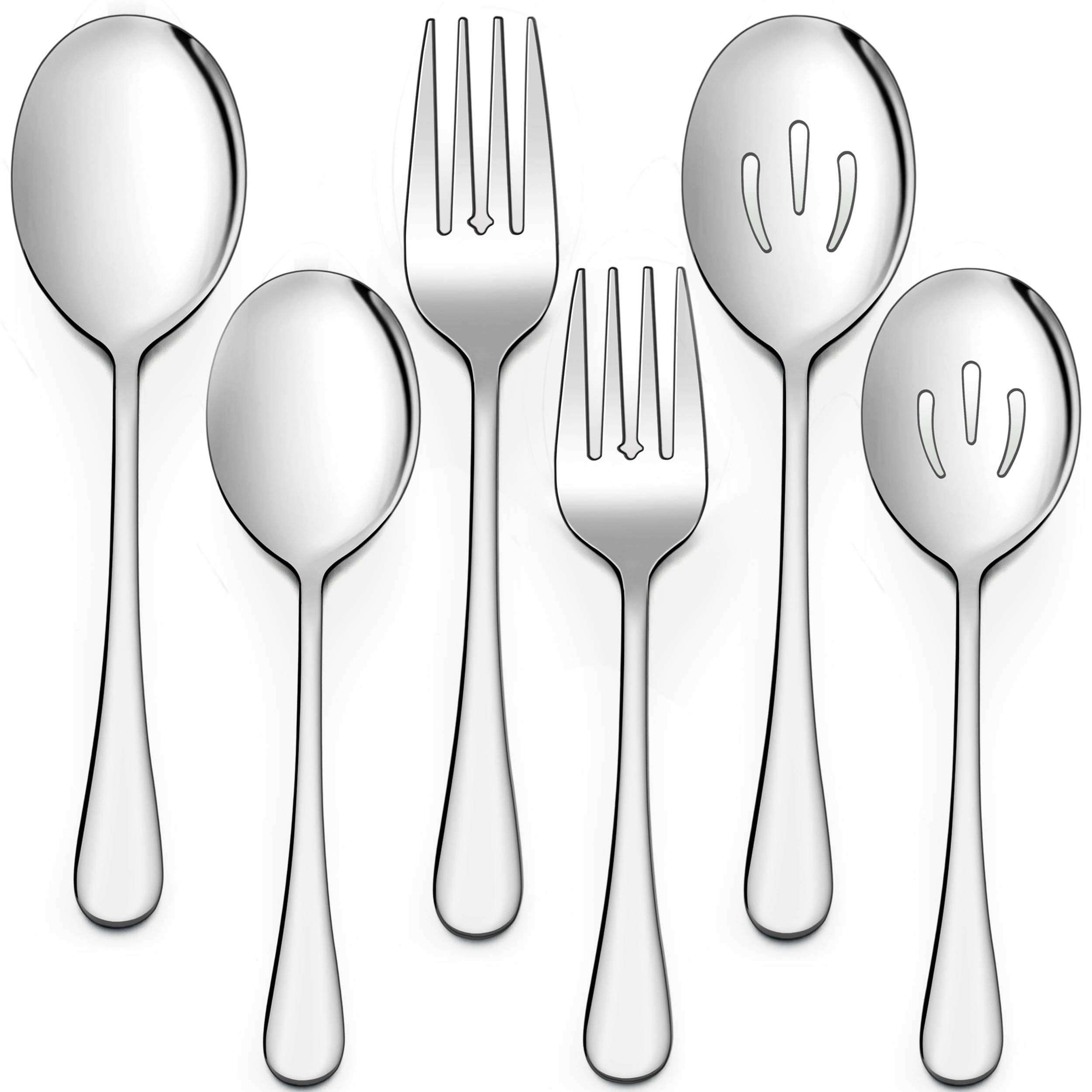 Lianyu 6-Piece Serving Spoons And Forks, 8 3/4 Inch Stainless Steel Buffet Catering Party Banquet Serving Spoon Fork Set, Mirror