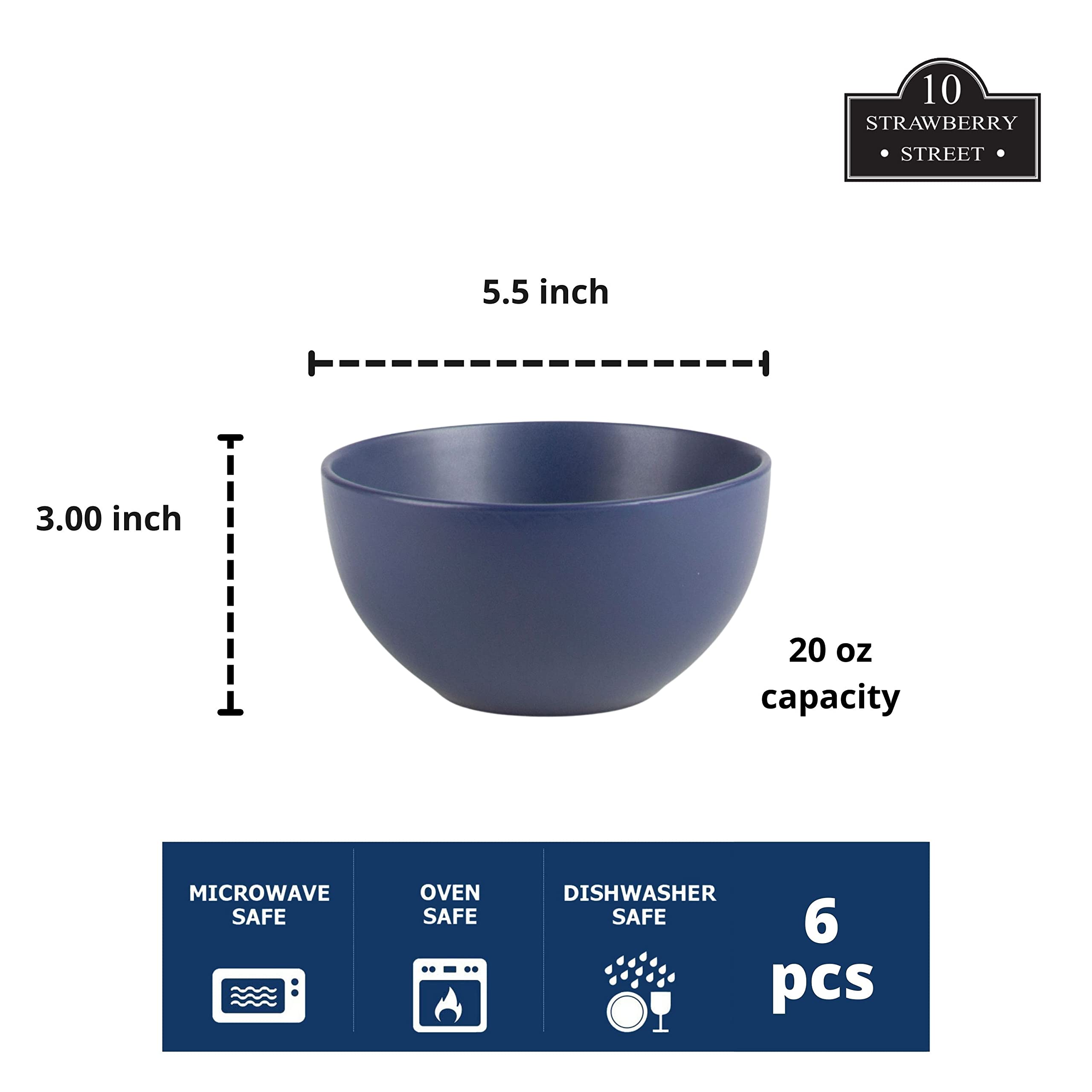 10 Strawberry Street Wazee Matte 5516oz cereal Bowl, Set of 6, Midnight Blue