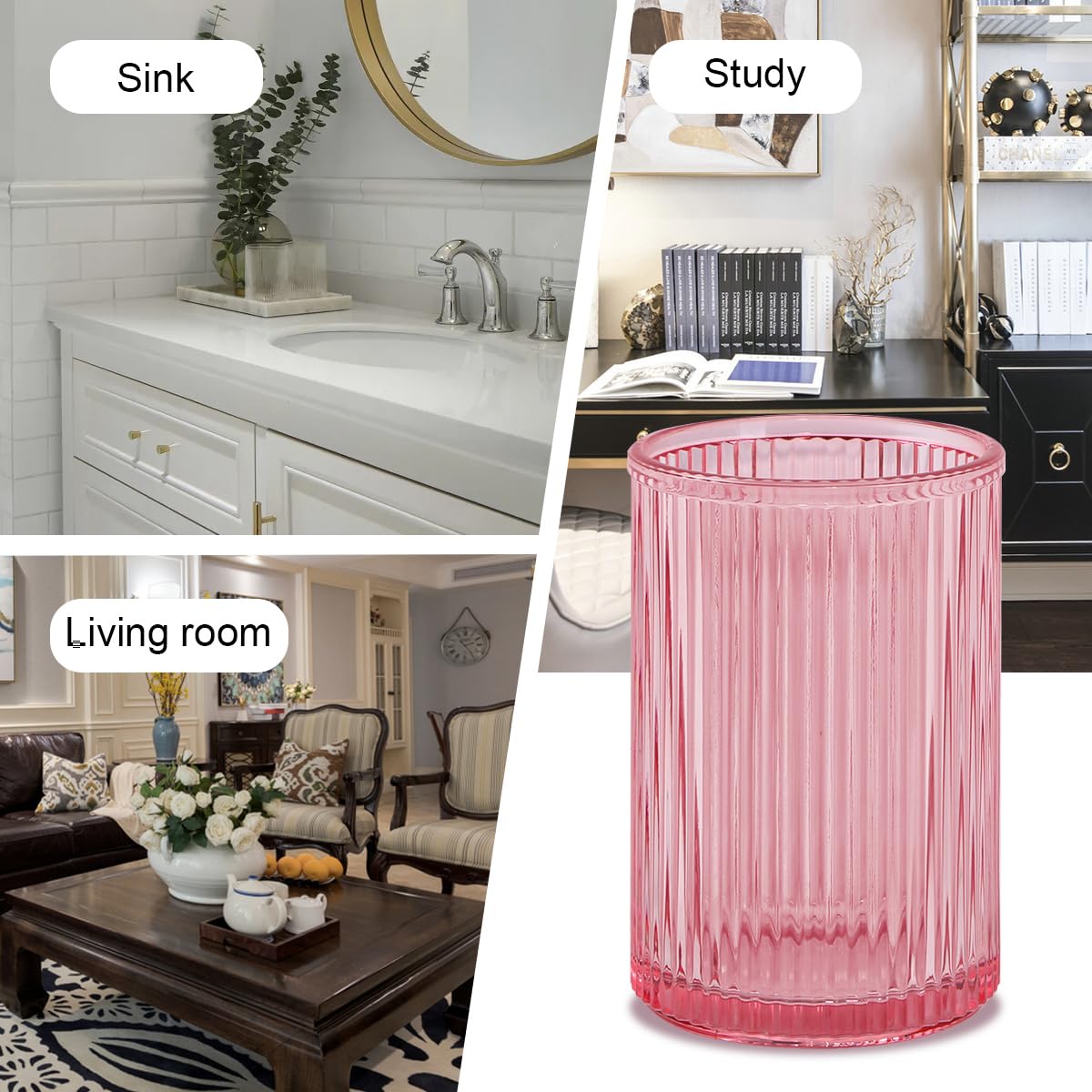 Tonxus Pink Toothbrush Holders for Bathrooms, 2pcs Glass Toothbrush Holder, 12oz Gold Bathroom Tumbler Cup and Mouthwash Cup, To
