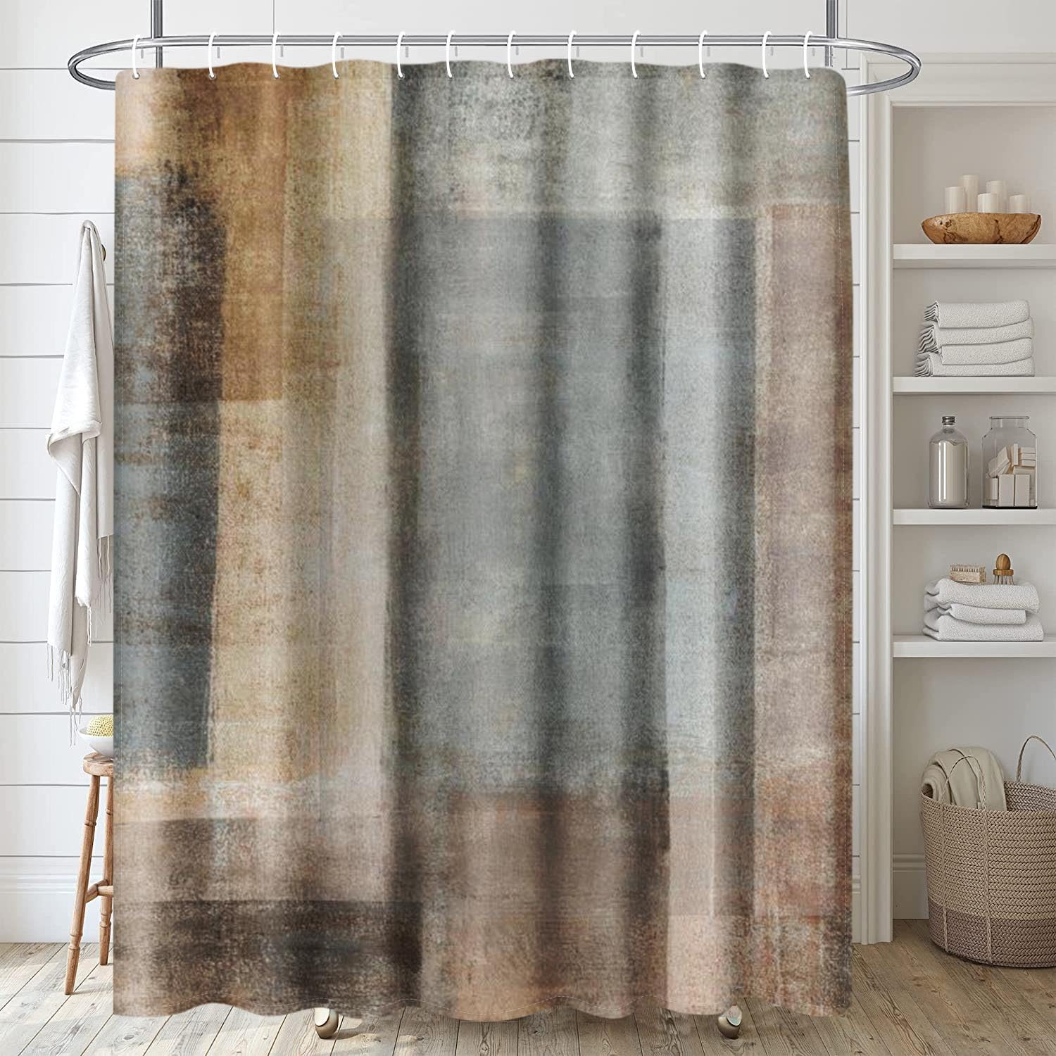 Artsocket Beige Grey Abstract Bathroom Set With Shower Curtain And Rugs Accessory, Painting Brown Abstract Shower Curtain For Ba