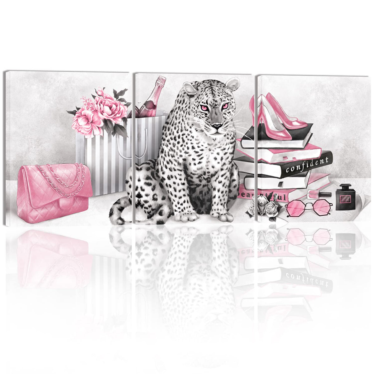 Visual Art Decor Glam Fashion Picture Pink Blush Wall Art Leopard Books High Heel Shoes Perfume Canvas Prints For Modern Home Of