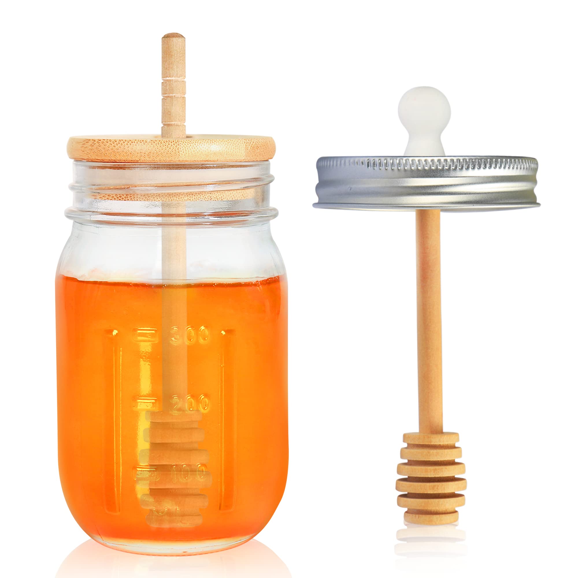 Givameihf 16Oz Glass Honey Jar With Dipper,Honey Container With Wooden Honey Dipper,Honey Jars With Lids,Honey Pot Ideal For Hon