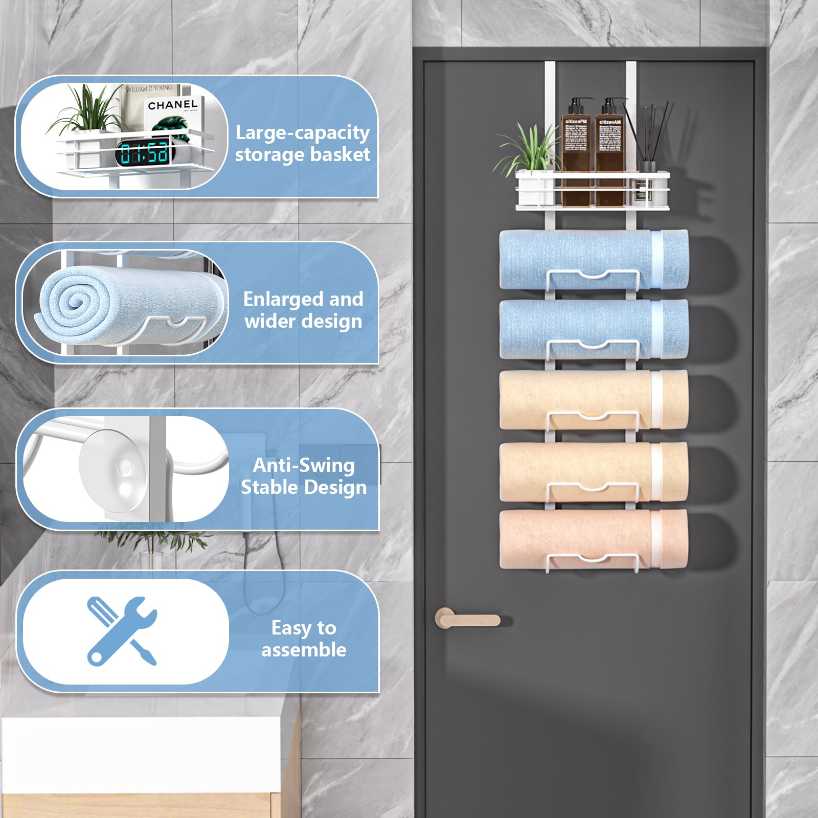 Xstydes 6-Tier Over The Door Towel Rack,Towel Racks For Bathroom, Metal Towel Holder With Storage Basket,Towel Rack For Rolled T
