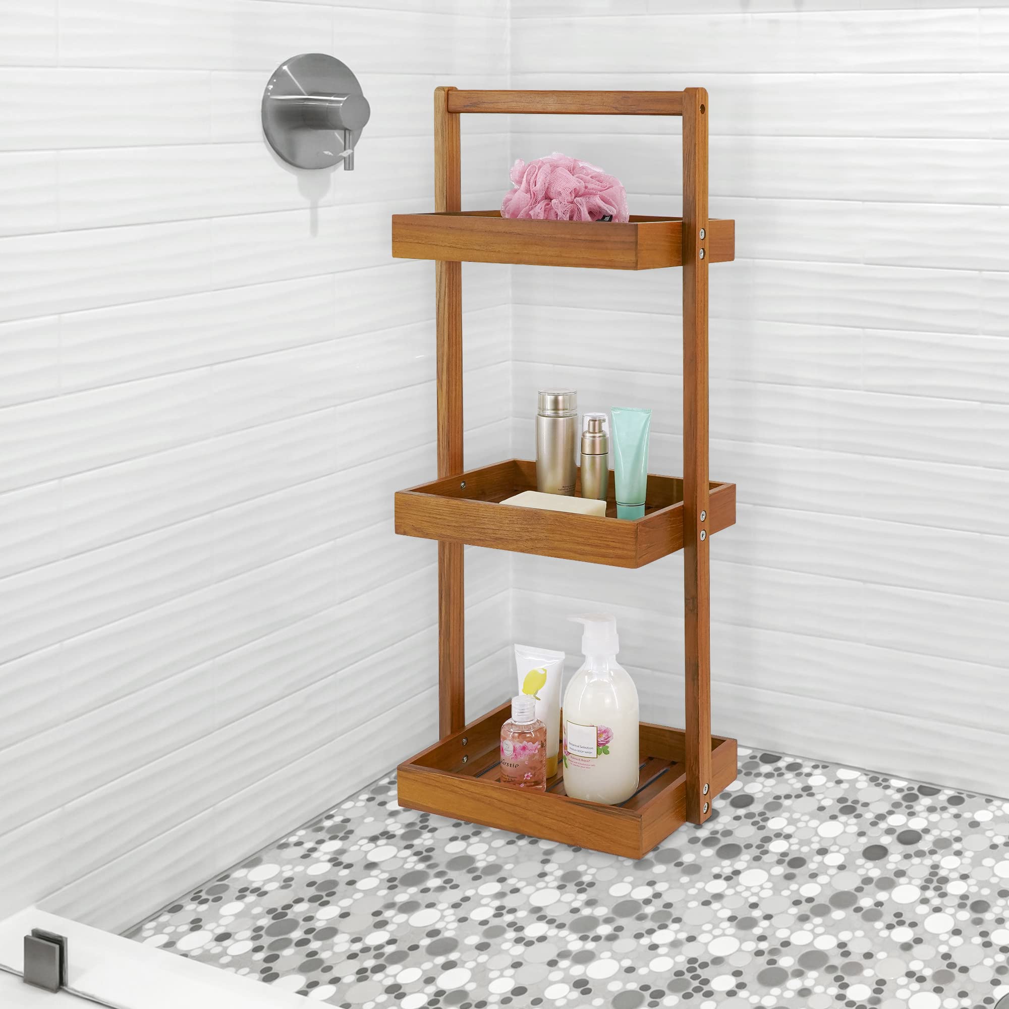 Utoplike Teak Shower Caddy Corner, 3 Tier Standing Shower Organizer Shelf With Handle, Wood Bathroom Stand Up Caddy Basket For S