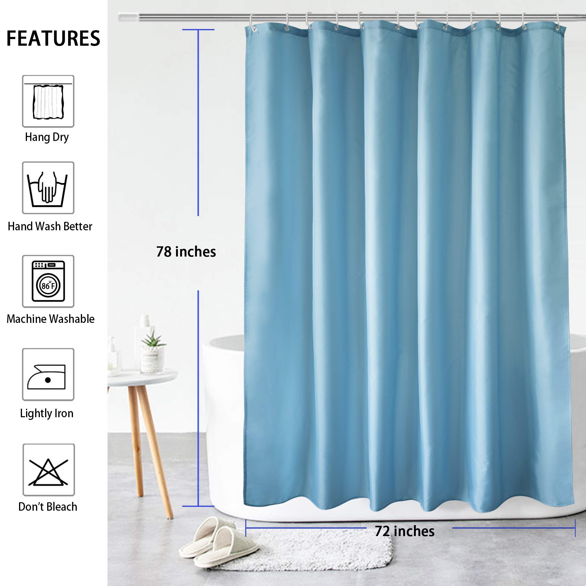 AooHome Extra Long Shower Curtain 72x78 Inch  Fabric Shower Curtain Liner for Hotel with Hooks  Weigthed Hem  Waterproof  Blue