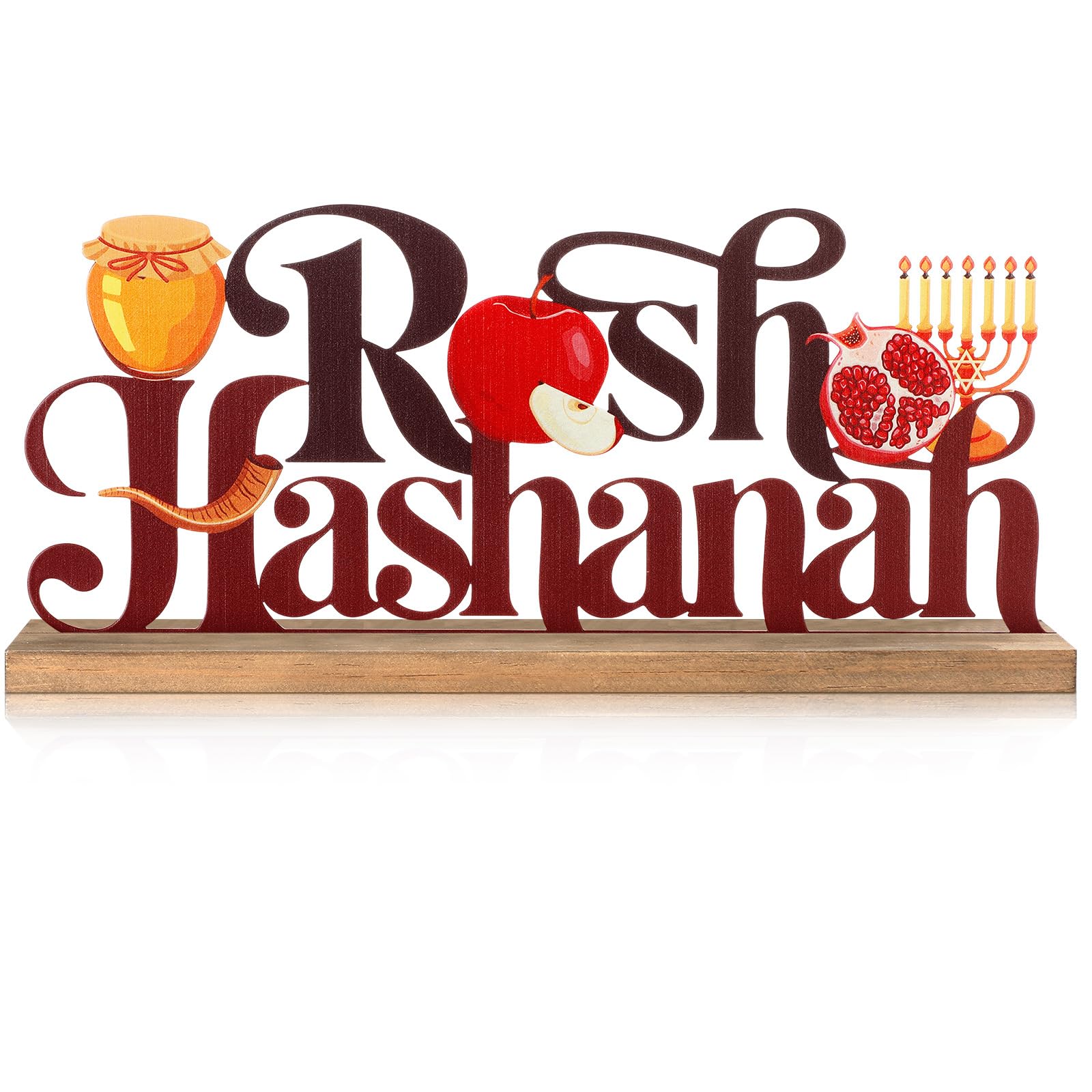 MiniInflat Rosh Hashanah Metal Sign Jewish New Year Table Centerpiece Tiered Tray Decor with Wooden Base Apple Pomegranate Decor