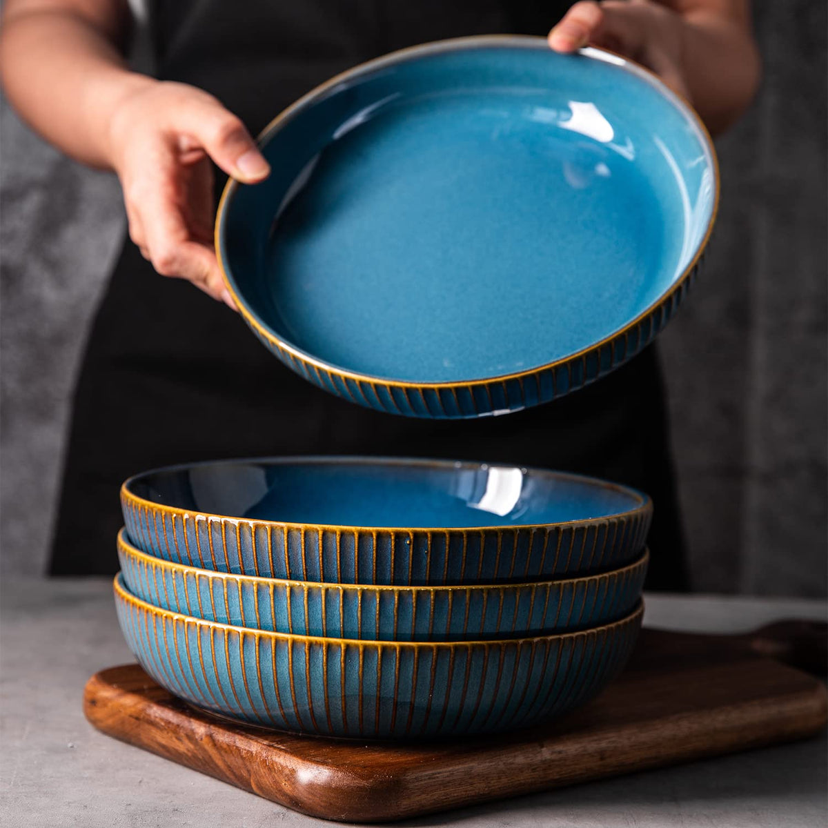 Csyy 4 Pcs Pasta Bowls 35 Ounces, 8.5 Inch Porcelain Large Serving Bowls, Premium Deep Dinner Plates Round Salad Plate Set For S