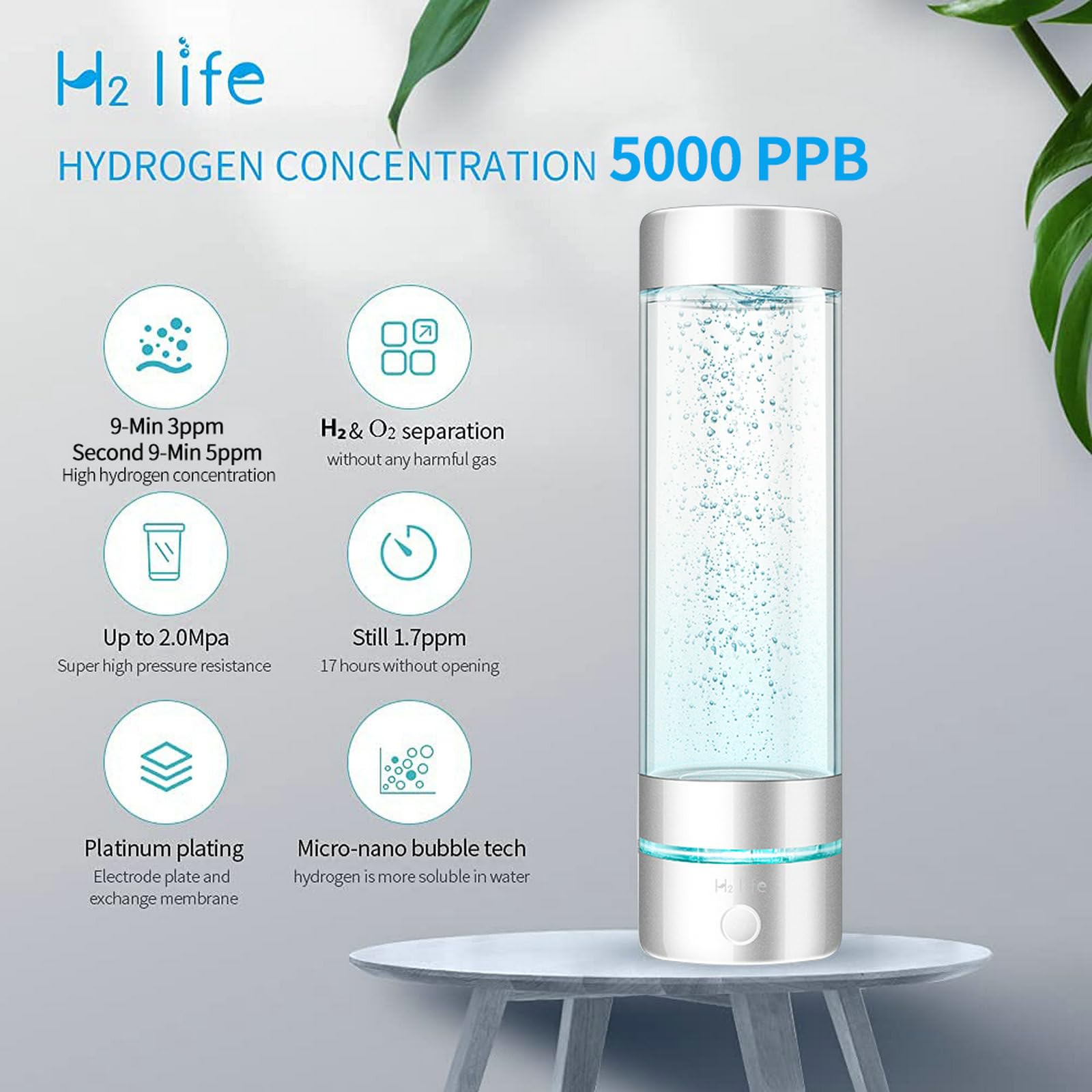 H2 Life Hydrogen Sport Water Bottle, Professional Hydrogen-Rich Water Generator With Spe And Pem, 320Ml 5000Ppb Dual Mode Hydrog