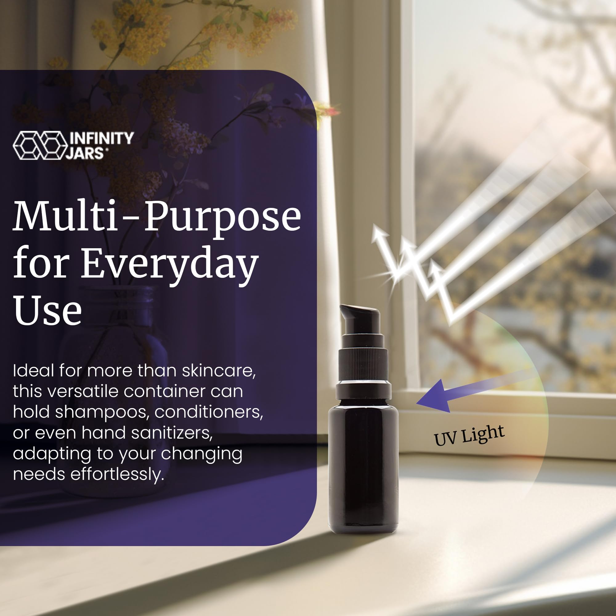 Infinity Jars 15 Ml (0.5 Fl Oz) Refillable Ultraviolet Black Glass Pump Bottles Leak-Proof Travel Containers For Toner, Sanitize