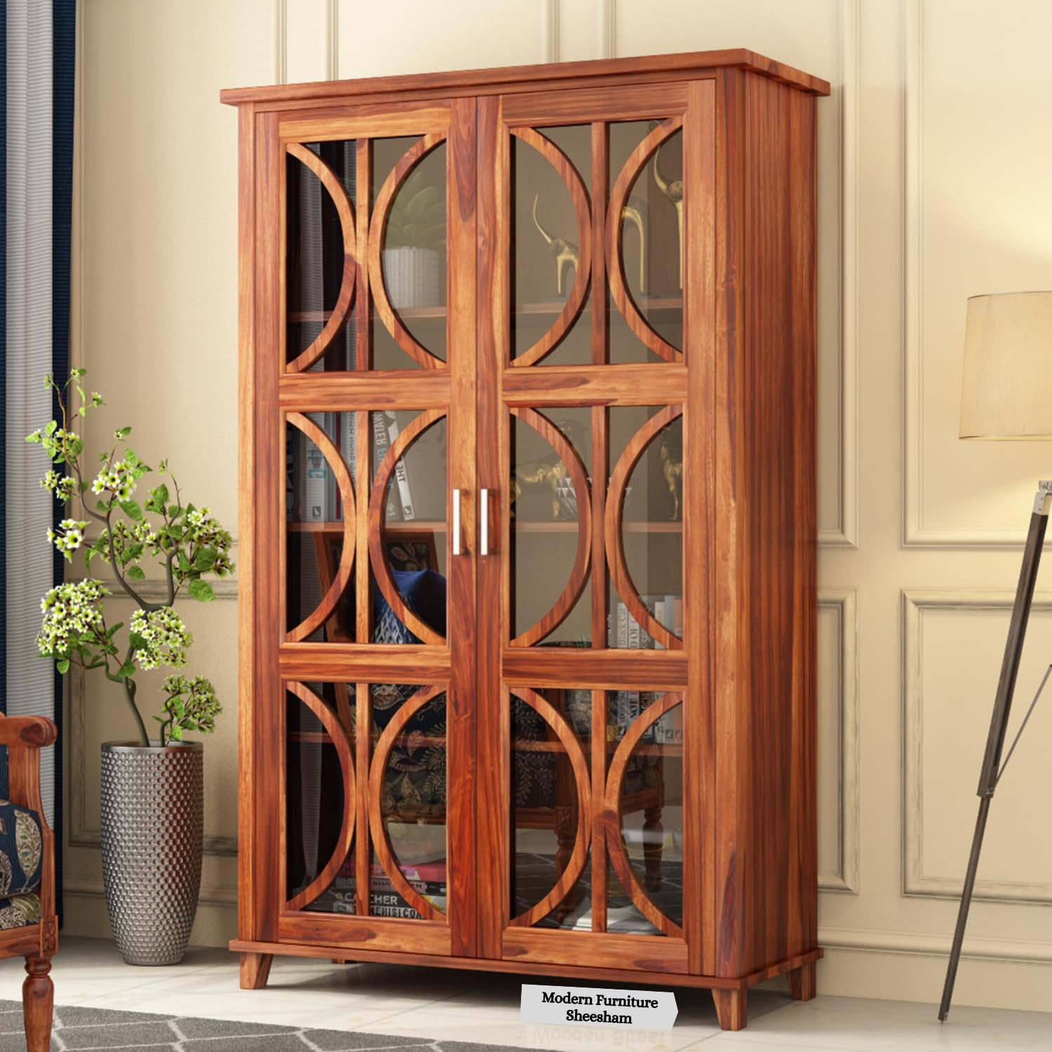 Modern Furniture Sheesham Wooden Crockery Cabinets With Glass Door | Wooden Showcase Almirah | Solid Wood Book Shelf Crockery Un