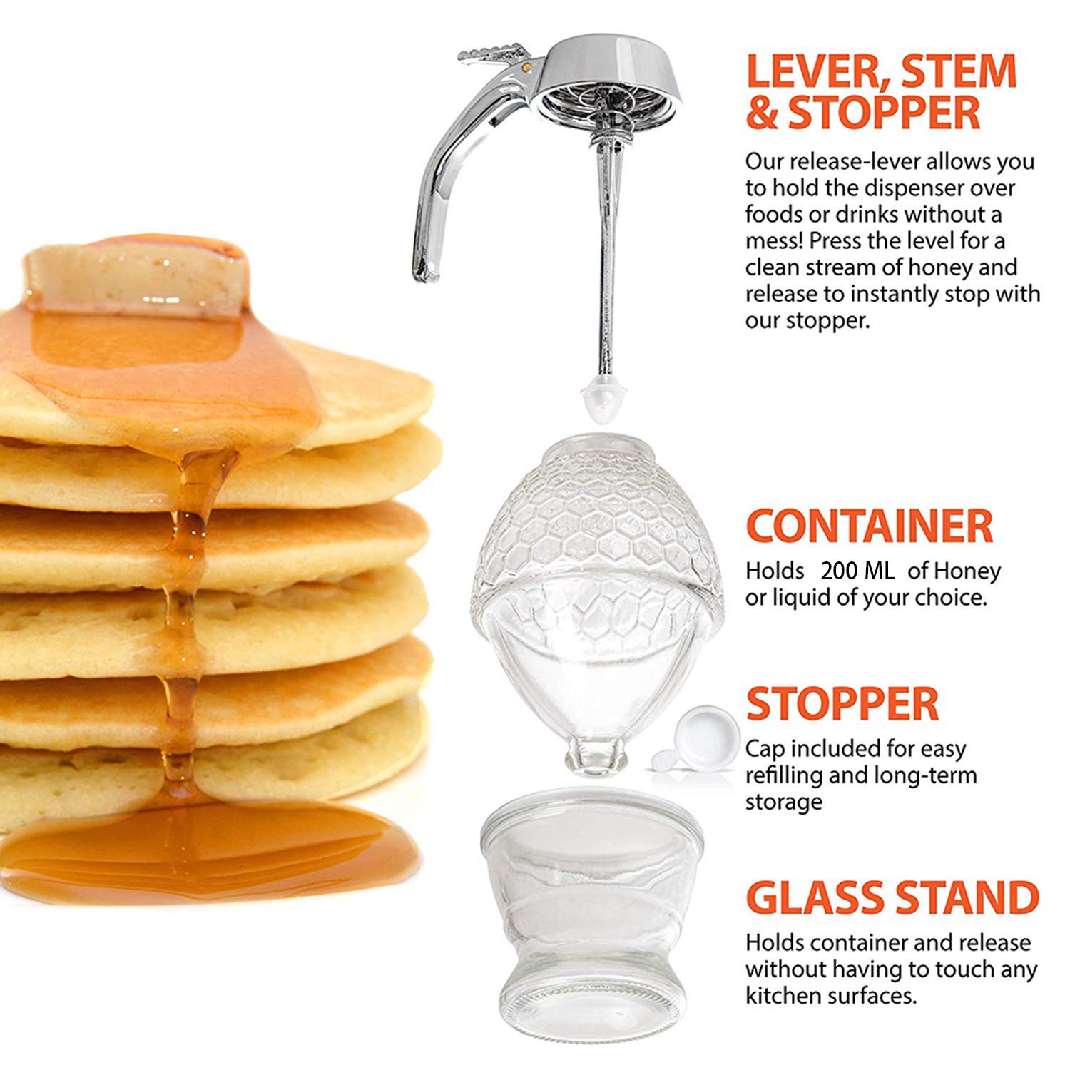 Squeeze Honey Dispenser,Plastic No Drip Maple Syrup Dispenser,Juice Jar Container Bee Drip Dispenser, Honey Pot With Stand,200Ml