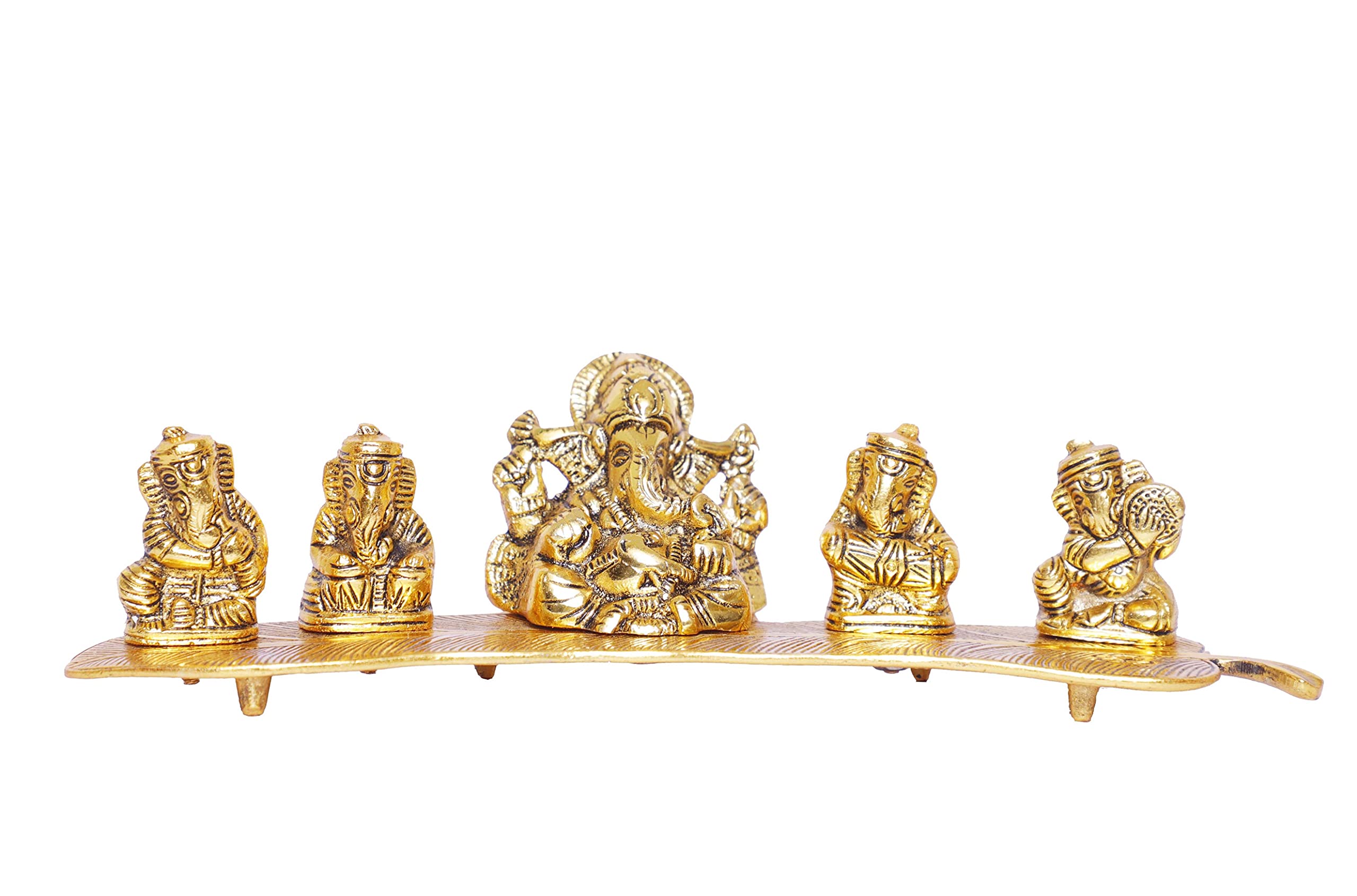 Kridaykraft White Metal Gold Plated Ganesha On Leaf With Musical Instrument Metal Statue For Pooja,Home & Office Dcor Ganesha Mu