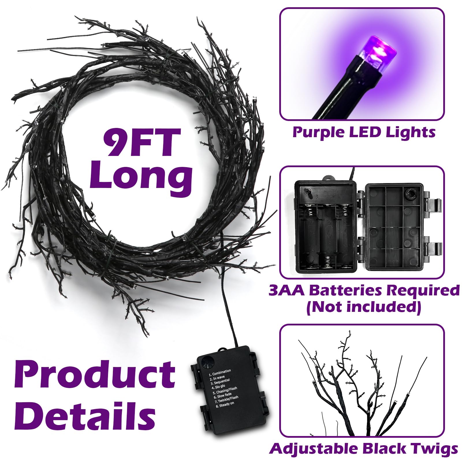 SURCVIO 9 Ft 54 LED Halloween Willow Vine Twig Decor Garland Waterproof Battery Operated Halloween Decorations for Home Wall Man
