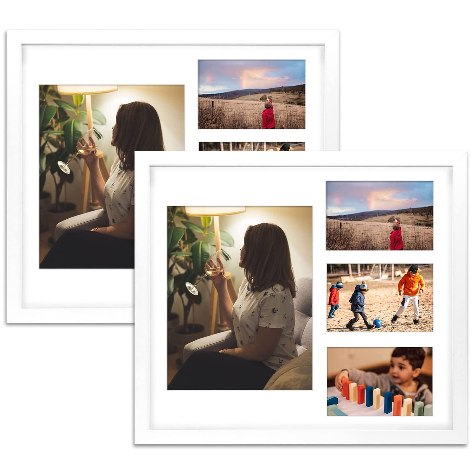 Golden State Art, Set of 2, 14x16 White Wood Picture Frame - White Mat for 8x10 And 4x6 Photos - Tempered Glass, Sawtooth Hanger