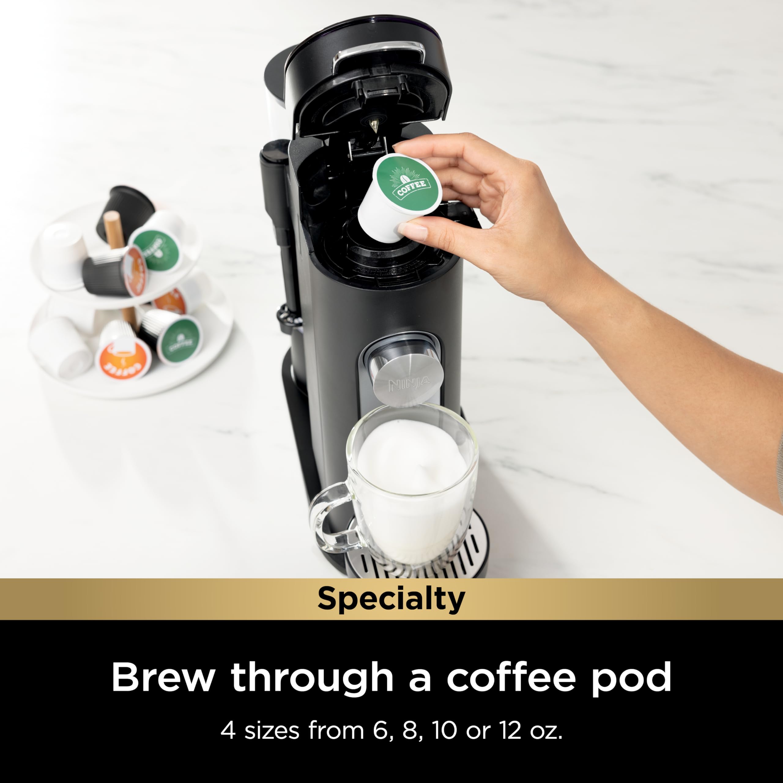 Ninja Pb051 Pod & Grounds Specialty Single-Serve Coffee Maker, K-Cup Pod Compatible, Brews Grounds, Compact Design, Built-In Mil