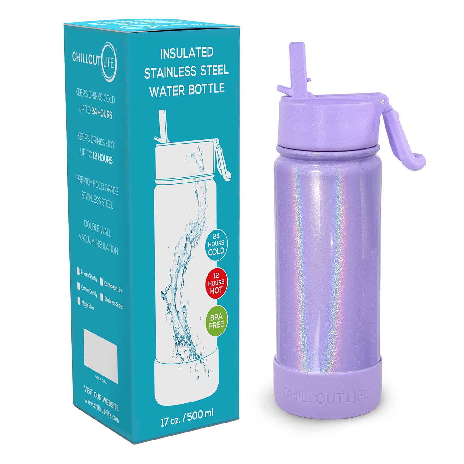 Chillout Life 17 Oz Kids Insulated Water Bottle With Straw Lid Leakproof And Cute Waterproof Stickers, Personalized Stainless St