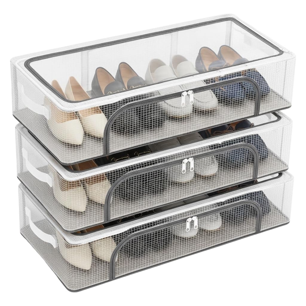 Zibuyu 3Pcs Shoe Storage Boxes, Under Bed Transparent Shoe Organizer With Handle & Zippers, Foldable Non Woven Fabric Shoe Stora