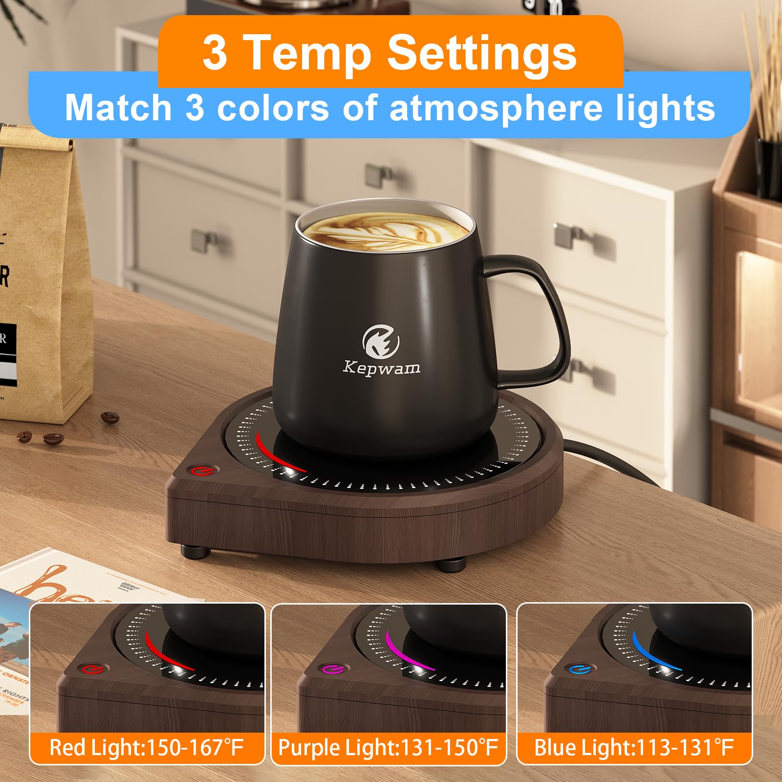Kepwam Coffee Mug Warmer For Desk, Smart Coffee Warmer With Touch Tech & Light, Coffee Cup Warmer With Gravity Sensor & Auto Shu