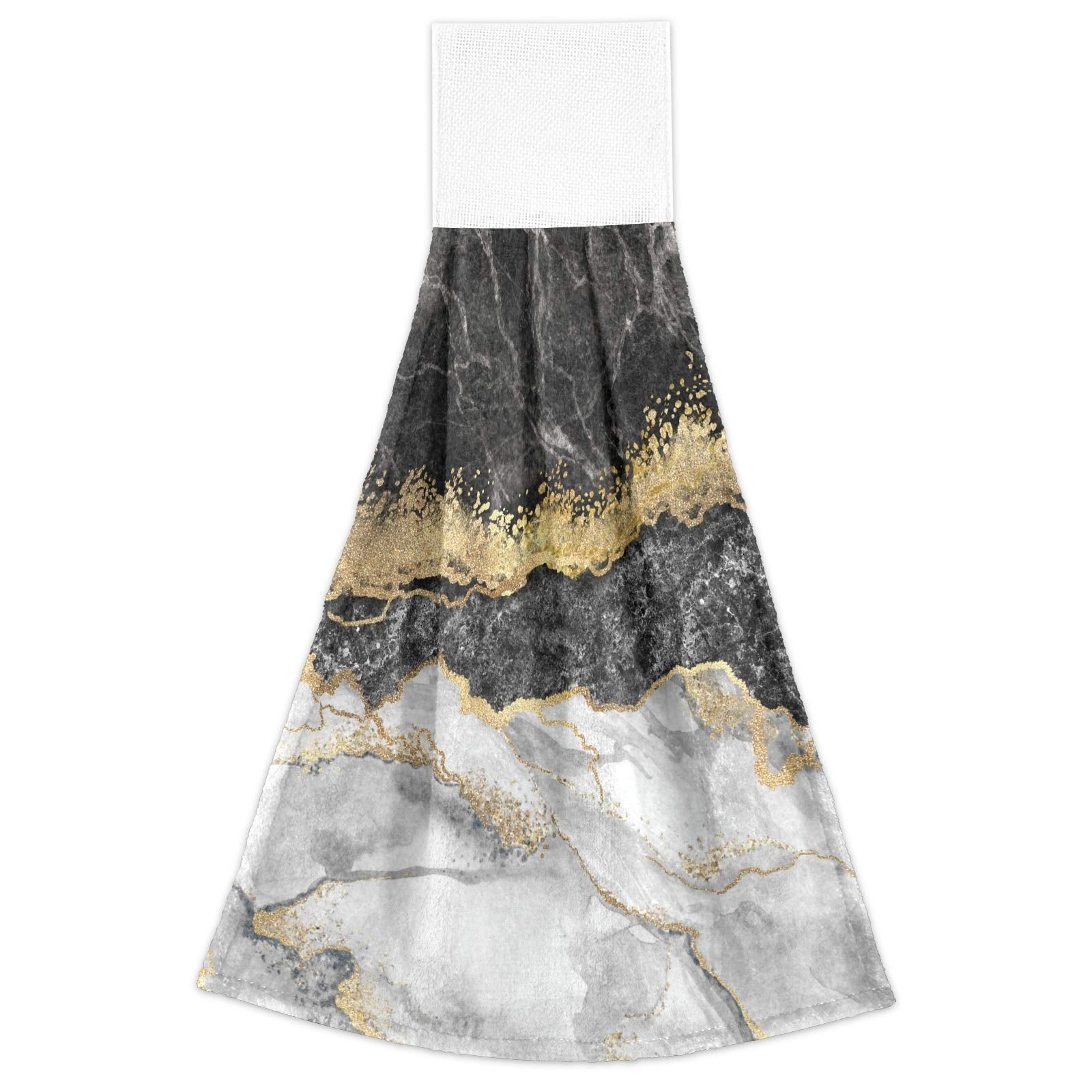 Selerdon Kitchen Hand Towel Black White Marble Gold Foil Hanging Tie Towels 2 Pieces Fast Dry Absorbent Soft Touch Hanging Kitchen Towels Used for Home Kitchen Bathroom Decoration