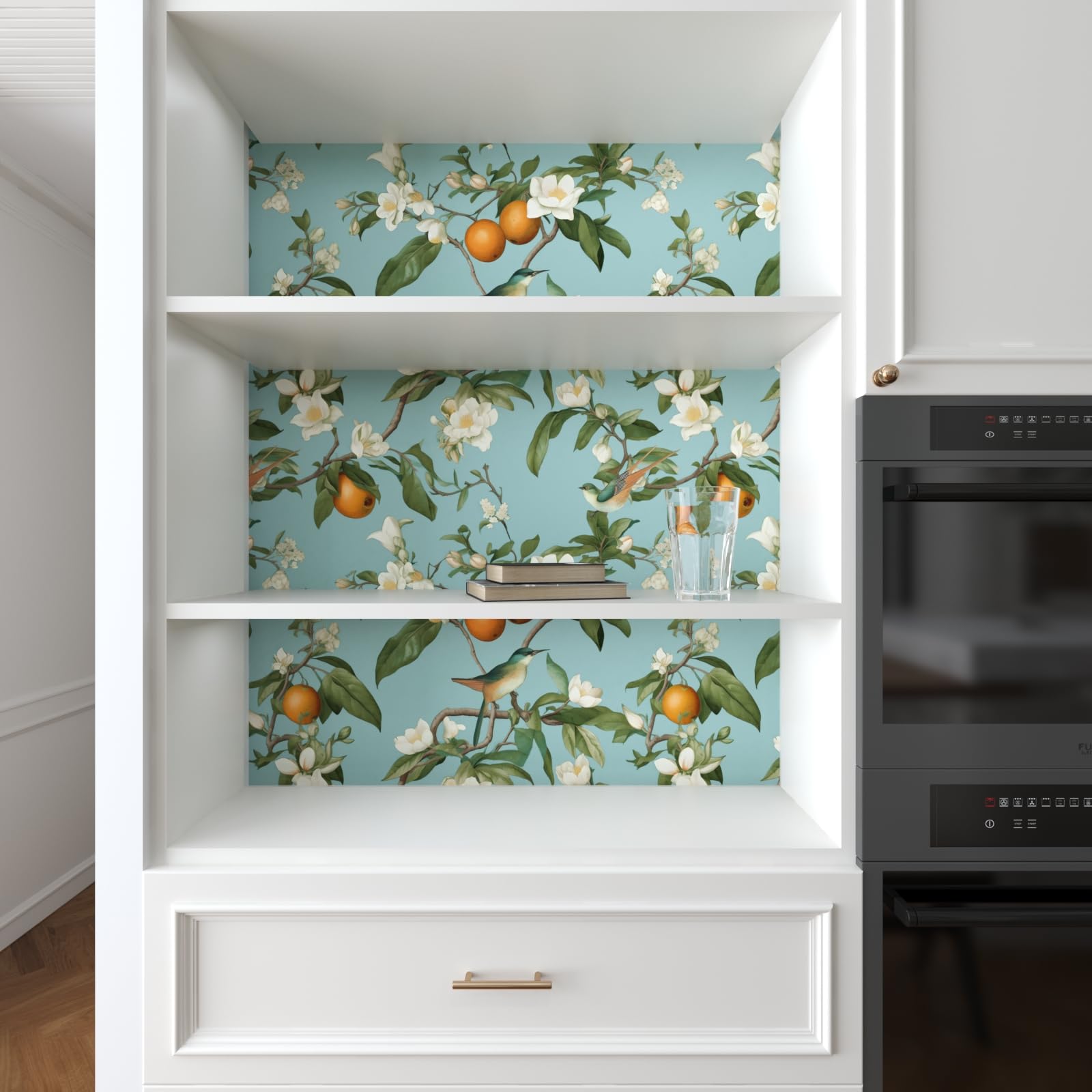 Blue Floral Wallpaper Peel And Stick, Vintage Bird Leaf Fruit Contact Paper, Self Adhesive Removable Retro Wall Mural Wall Paper