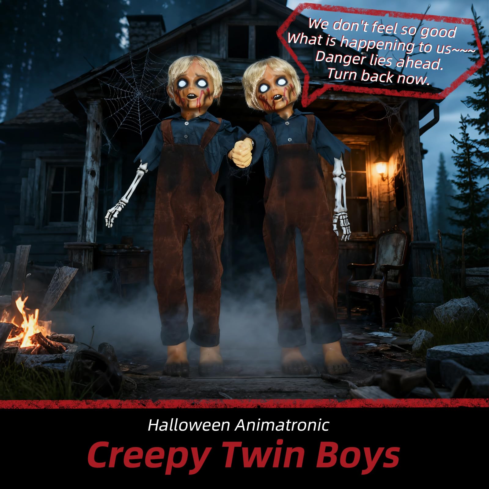 HOYECHI Animatronic Halloween Decorations Twin Boys 4.3ft - Scary Halloween Decorations for Yard, Motion & Sound Activated Outdo