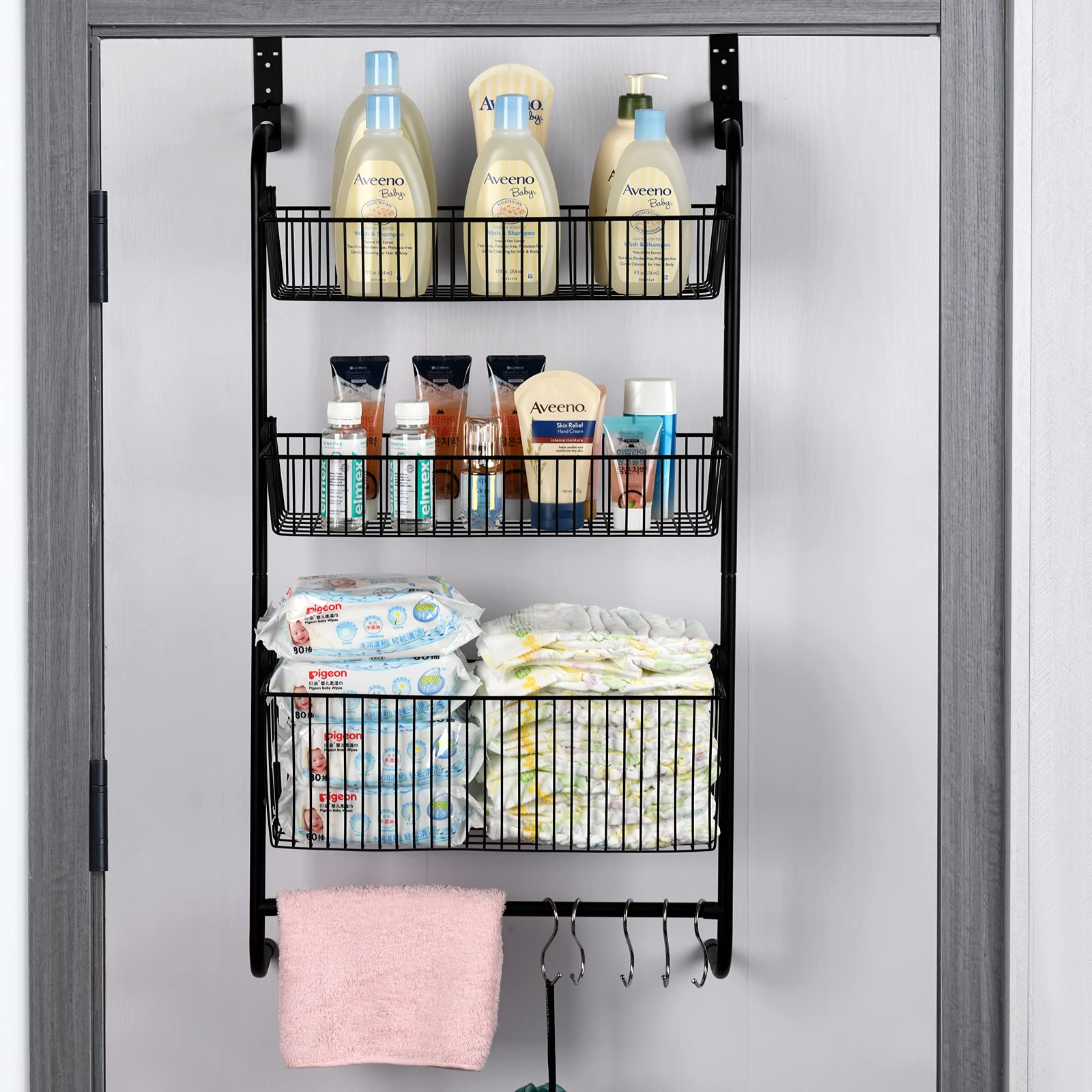 Wetheny Over The Door Pantry Organzier 3 Tier Hanging Wire Storage Basket Spice Rack Shelf With Hooks And Towel Rack For Bathroo