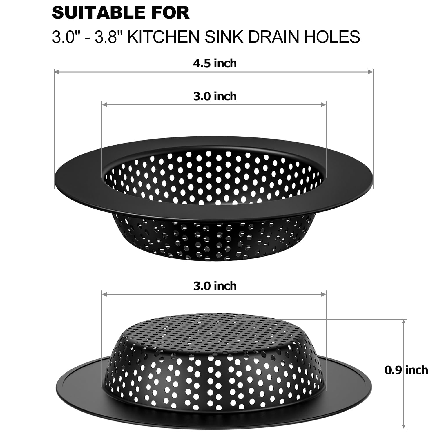 Hontunry Black Kitchen Sink Drain Strainer, Sink Drain Cover, Food Catcher, Large Wide Rim 4.5'' Diameter, Stainless Steel, Pack