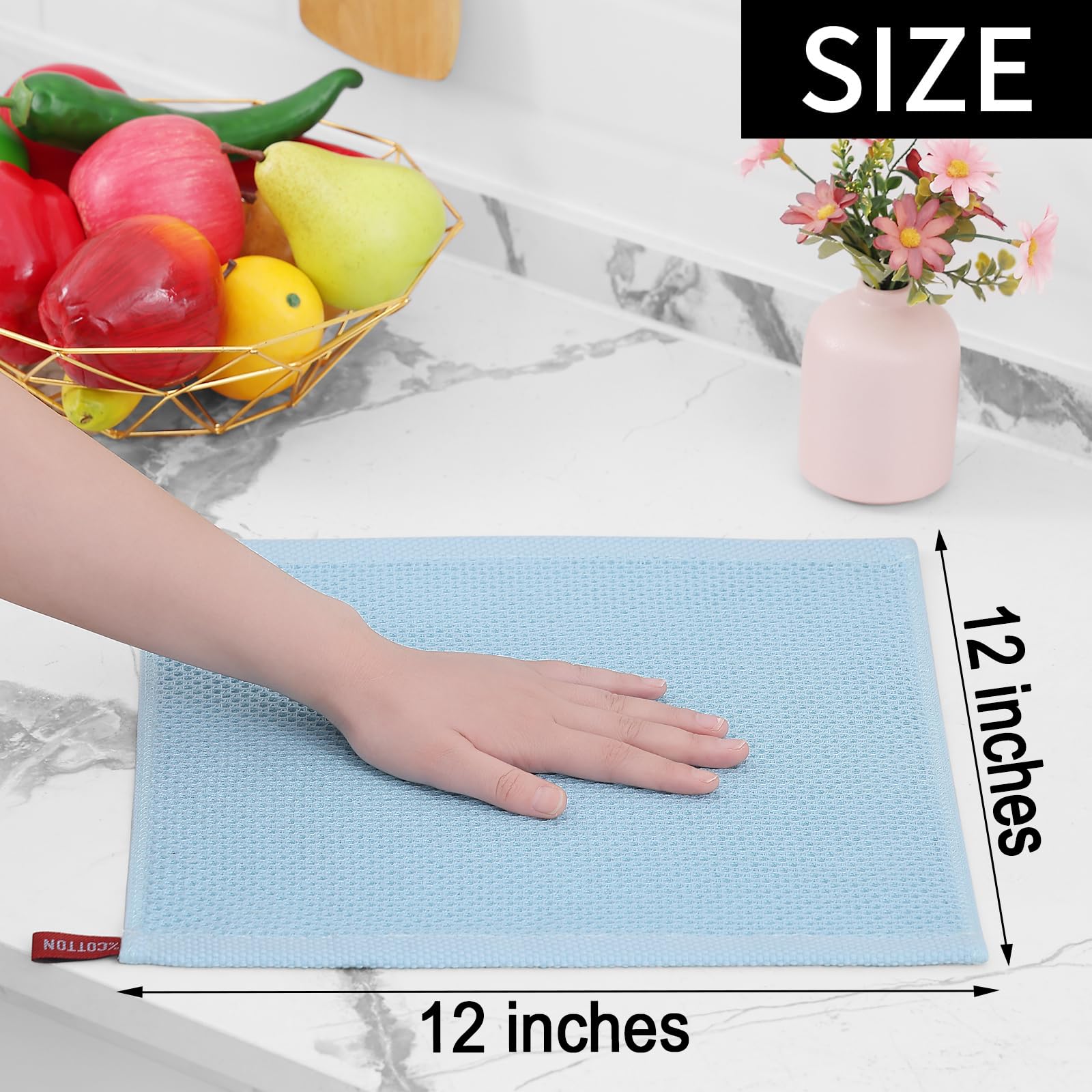 Homaxy 100% Cotton Waffle Weave Kitchen Dish Cloths, Ultra Soft Absorbent Quick Drying Dish Towels, 12 x 12 Inches, 6-Pack, Sky