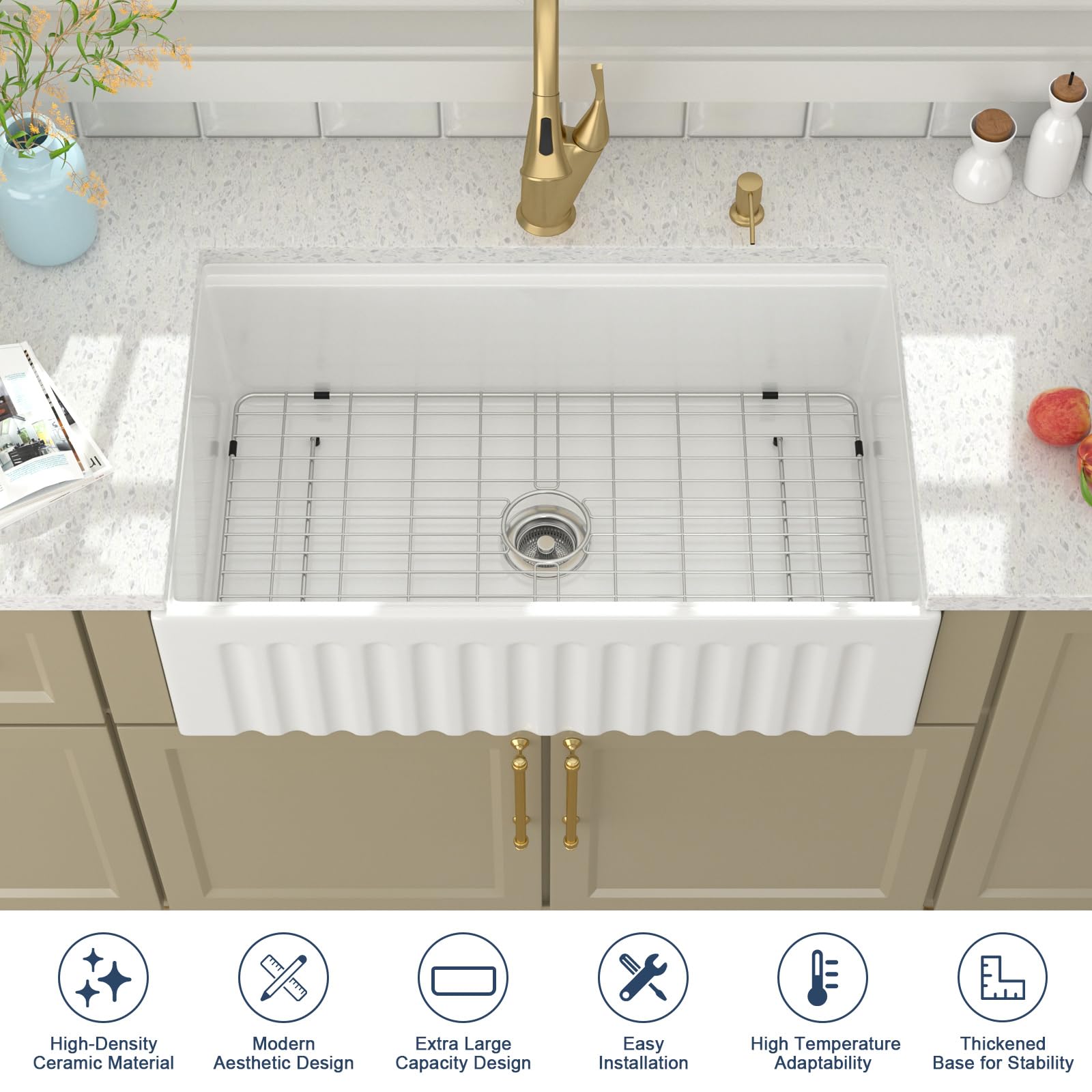 Lordear 33 White Farmhouse Sink Workstation Porcelain Farm Kitchen Sinks White Single Bowl Basin 33X20X10 Inch Large Bowl Sink