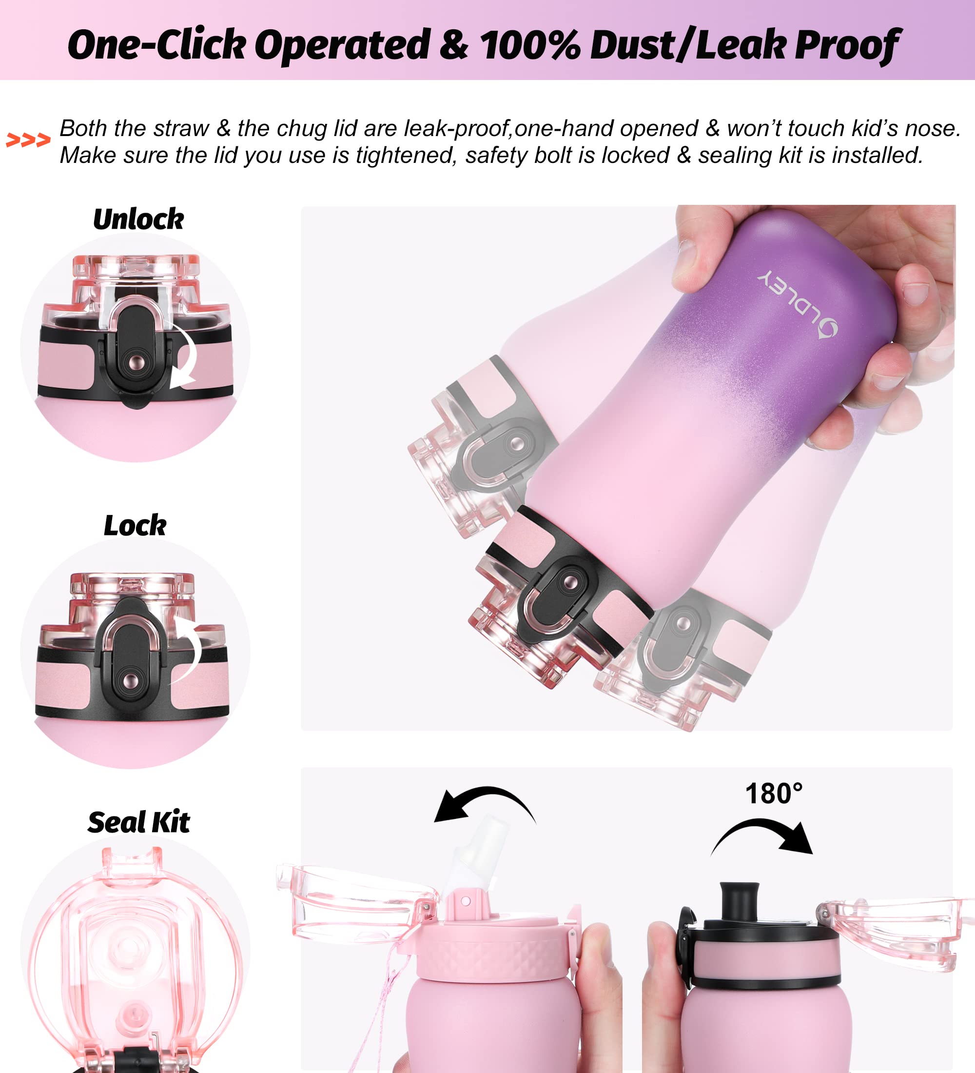 Oldley Insulated Water Bottle 12Oz Kids Water Bottles With Straw, Stainless Steel Water Bottle With 2 Lids,Double Wall Vacuum Bo