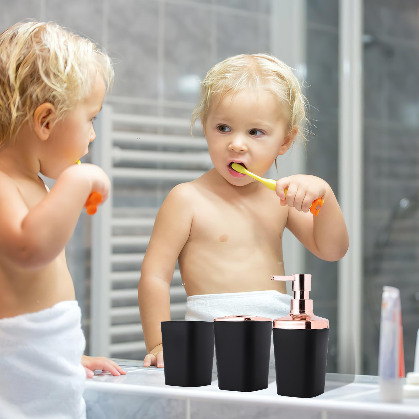 Black Bathroom Accessories Sets Complete, 9-Piece Bathroom Accessory Set With Trash Can, Vanity Tray, Soap Dispenser, Soap Dish,