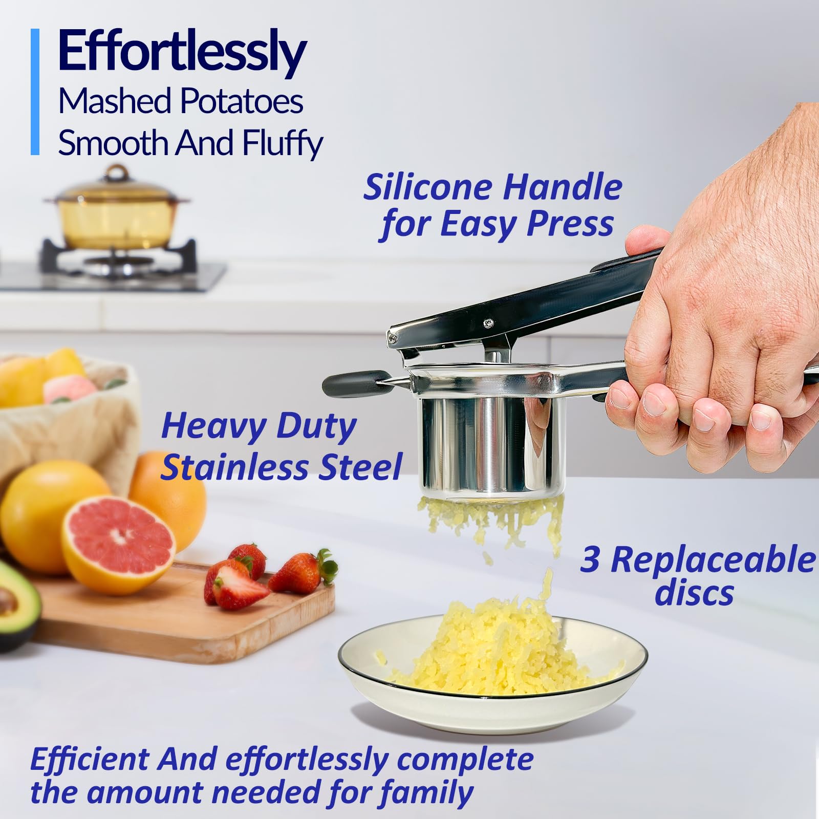 Potato Ricer, Ricer For Mashed Potatoes, Heavy Duty Potato Ricer Stainless Steel For Fluffy Mashed Potatoes, 3 Interchangeable D