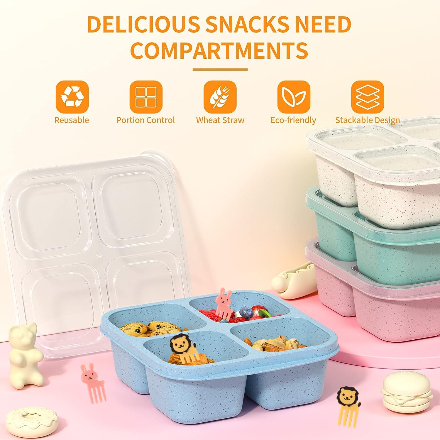 Cigenbon Bento Snack Boxes 4 Pack, Reusable Bento Boxes Kids With 4 Compartments & Fork, Lunch Snack Containers For Kids Adults,