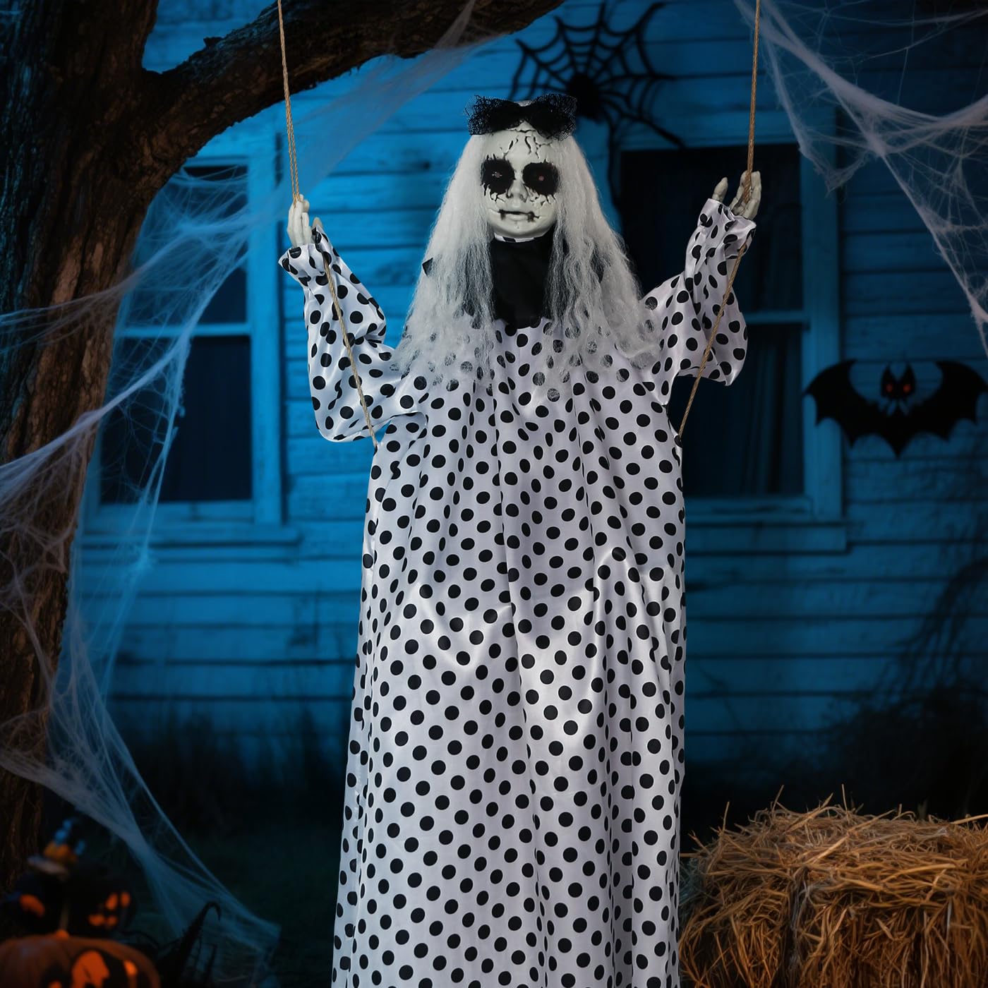 HOMELEX 50 Inch Hanging Swinging Gir White Ghosts Halloween Light-Up LED Eyes Prop Indoor and Outdoor Decoration