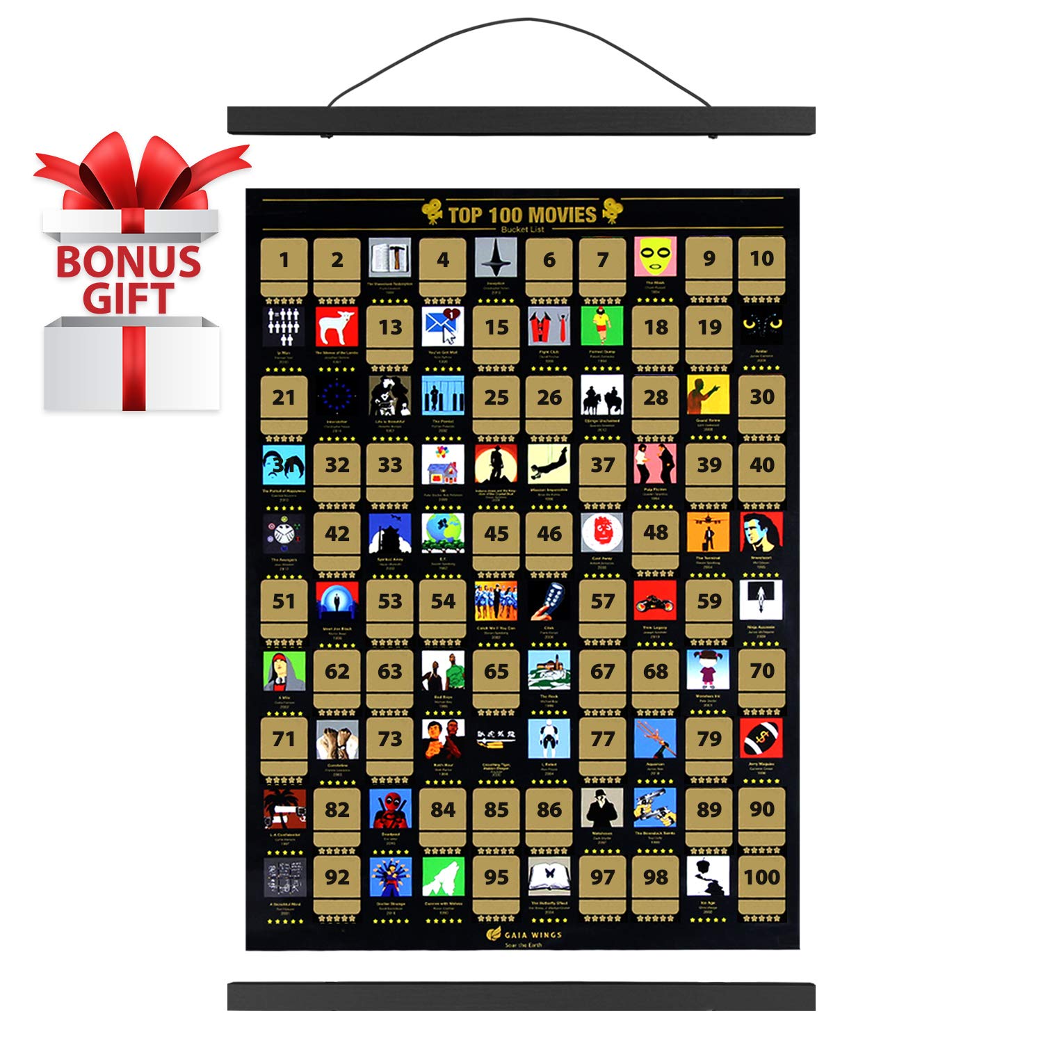 Gaia Wings 100 Movies Scratch Off Poster Includes Poster Frame 17'' Long (Black) - The Perfect Movie Room Decor, Wall Art Or Gif