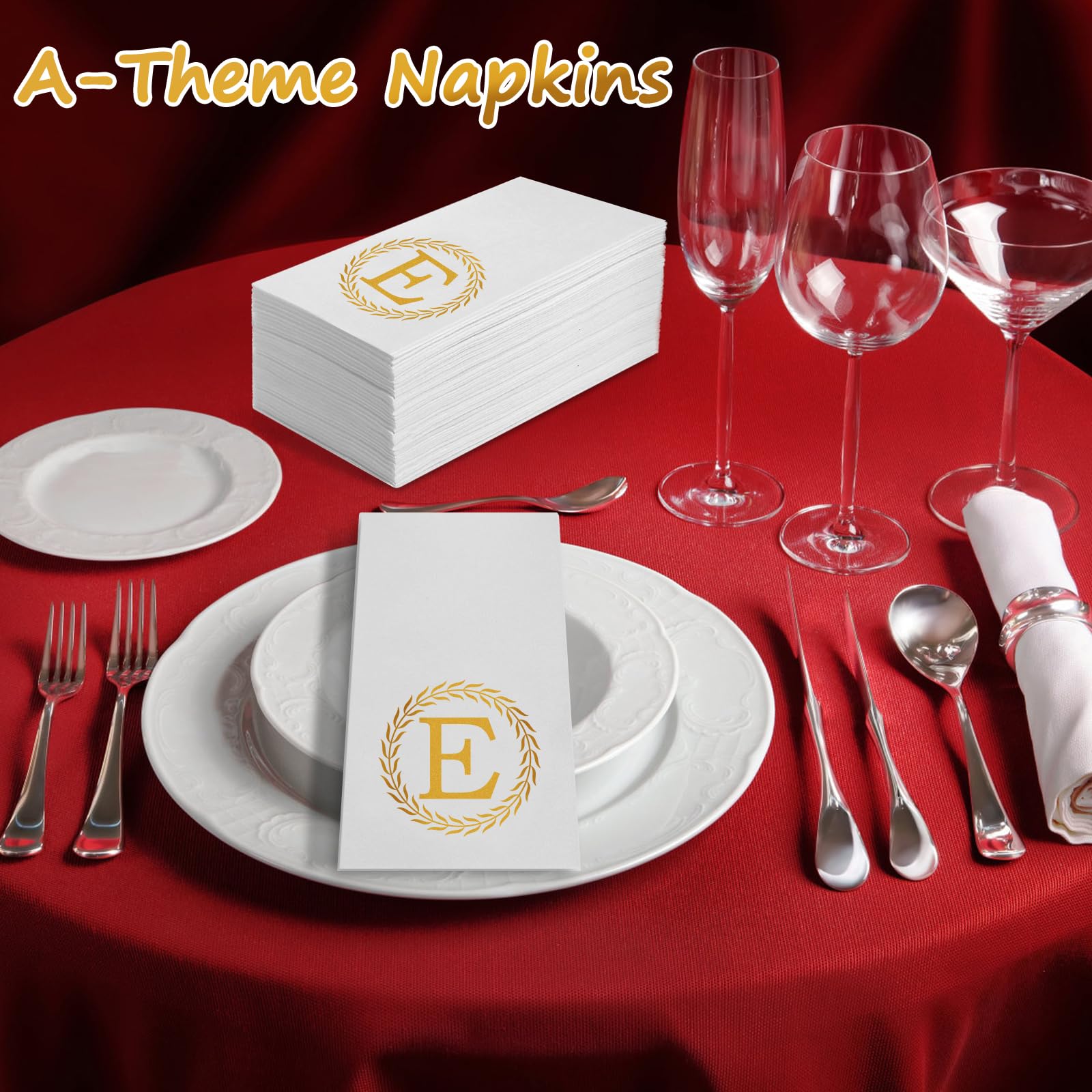 100 Gold Monogram Disposable Napkins - Letter E Hand Towels Decorative, Dinner Napkins For Guest, Monogrammed Hand Towels For Ba