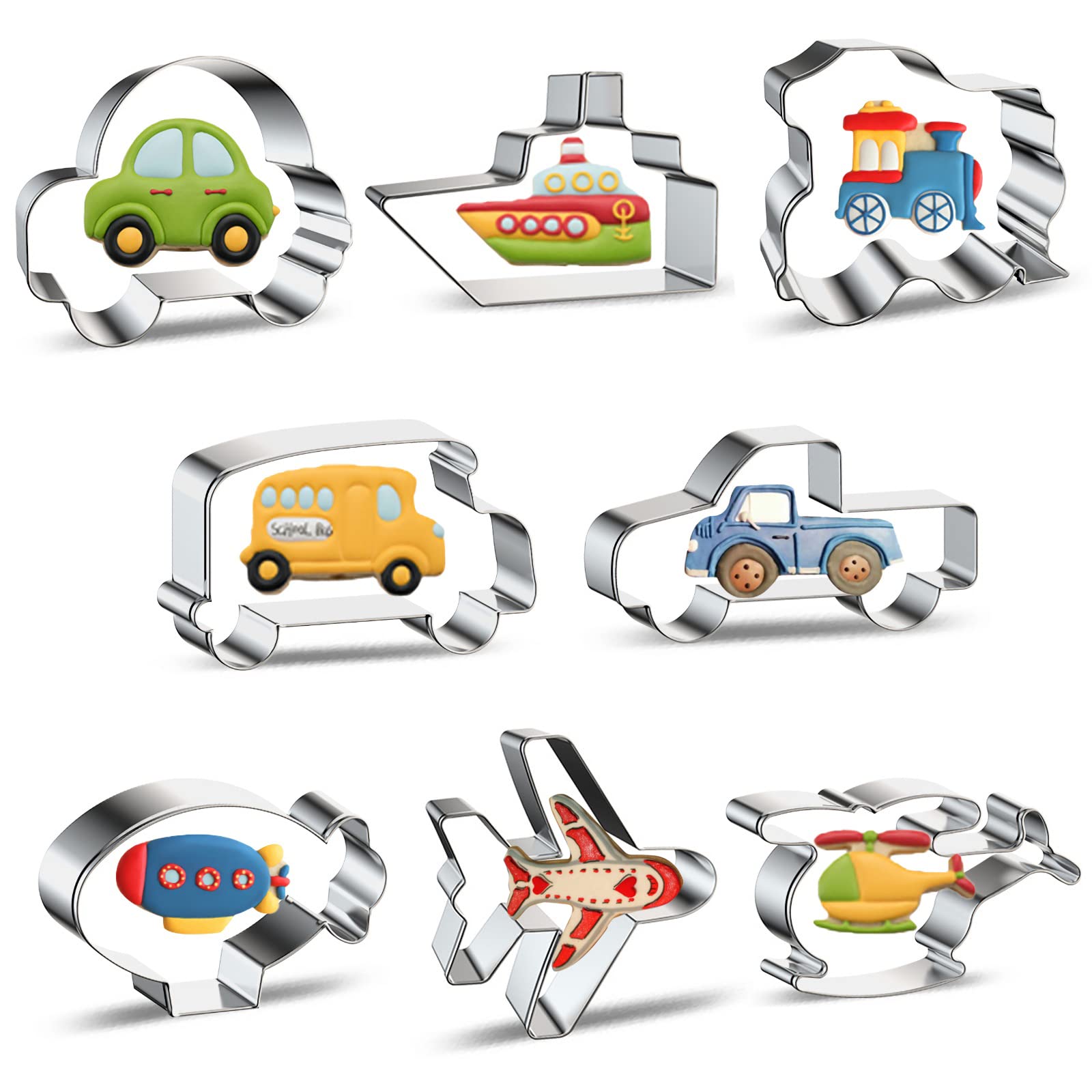 Travel Cookie Cutter Set 8-Piece Transportation And Vehicles Cookie Cutters With Car, Airplane, Train, Bus, Helicopter, Vintage