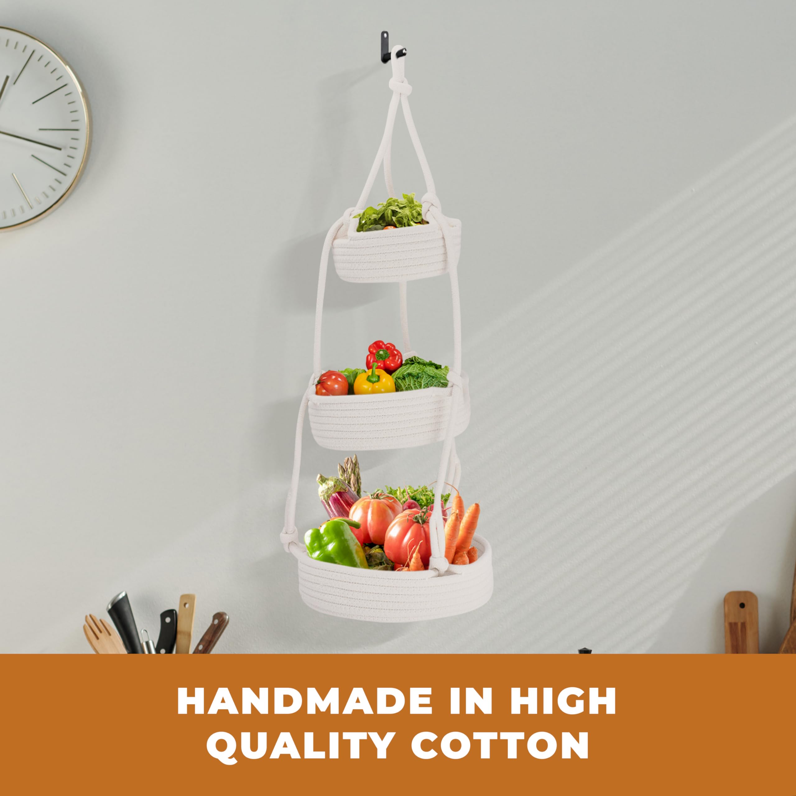 Regal Trunk Hanging Fruit Baskets For Kitchen - 3 Tiers Fruit Baskets Hanger - Macrame Fruit Hammock - White Boho Wall Decor - P