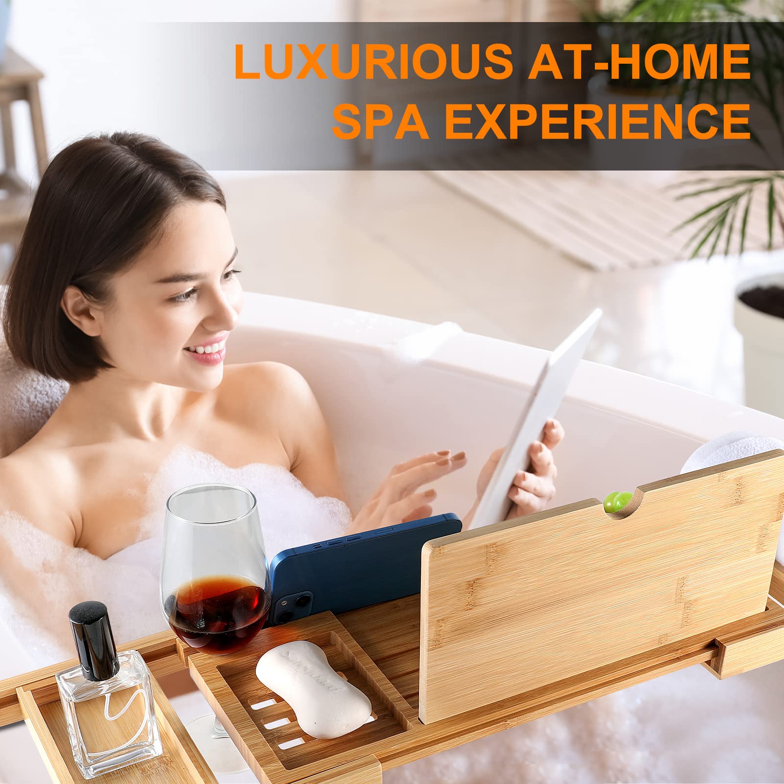 Premium Bathtub Caddy Tray For Tub, Bamboo Bath Tray For Tub With Extending Sides, Adjustable Bath Tub Tray Wood For Luxury Bath