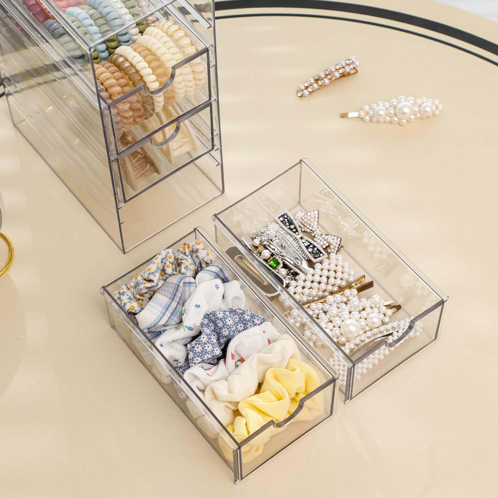 FABROK Clear Hair Accessory Organizer Box with 4 Drawers, Compact Storage Organization Drawers Set for Cosmetics, Glasses, Stati