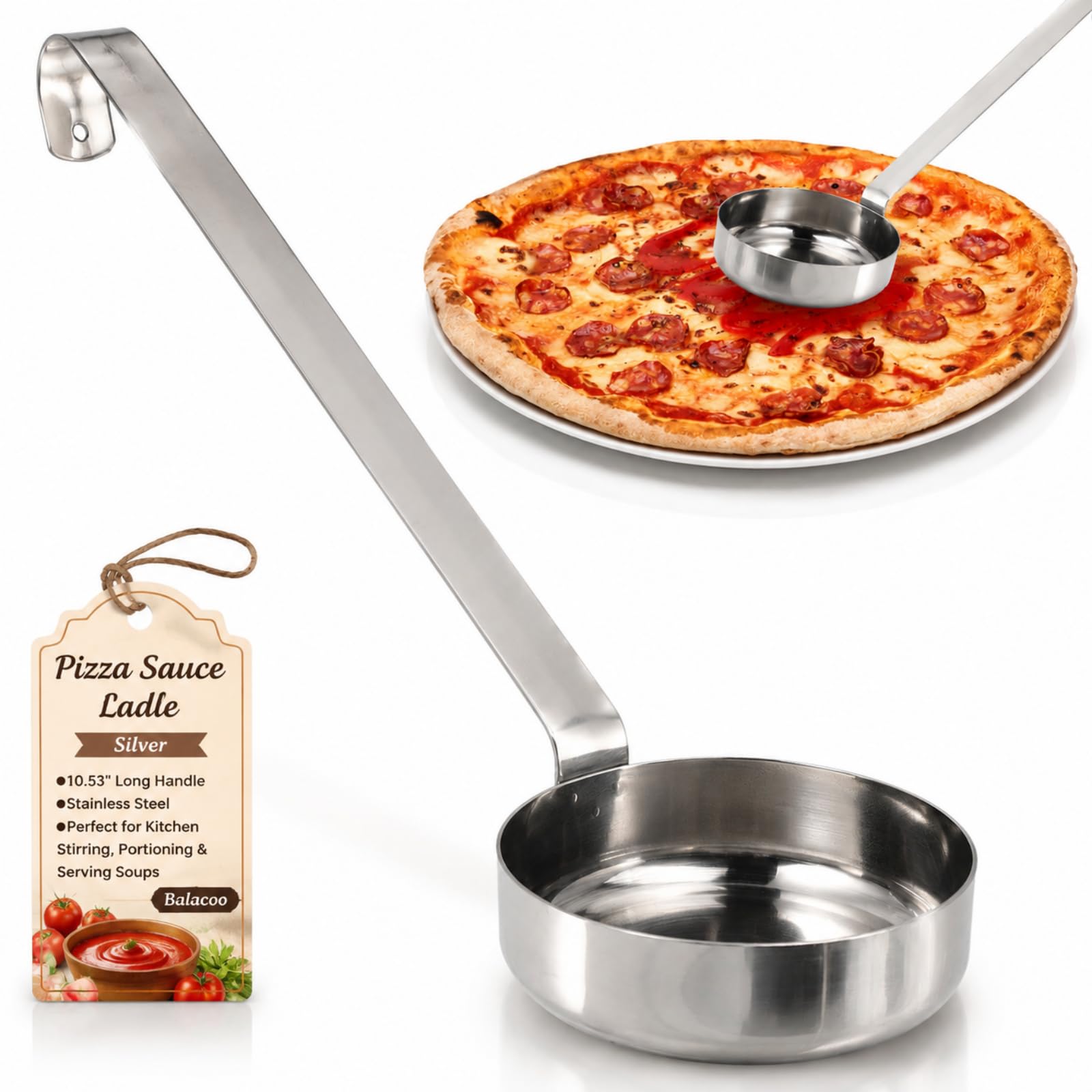 Balacoo Stainless Steel Pizza Sauce Ladle, Long Handle Flat Bottom Spoon for Kitchen Stirring, Portioning And Serving Soups, 10.
