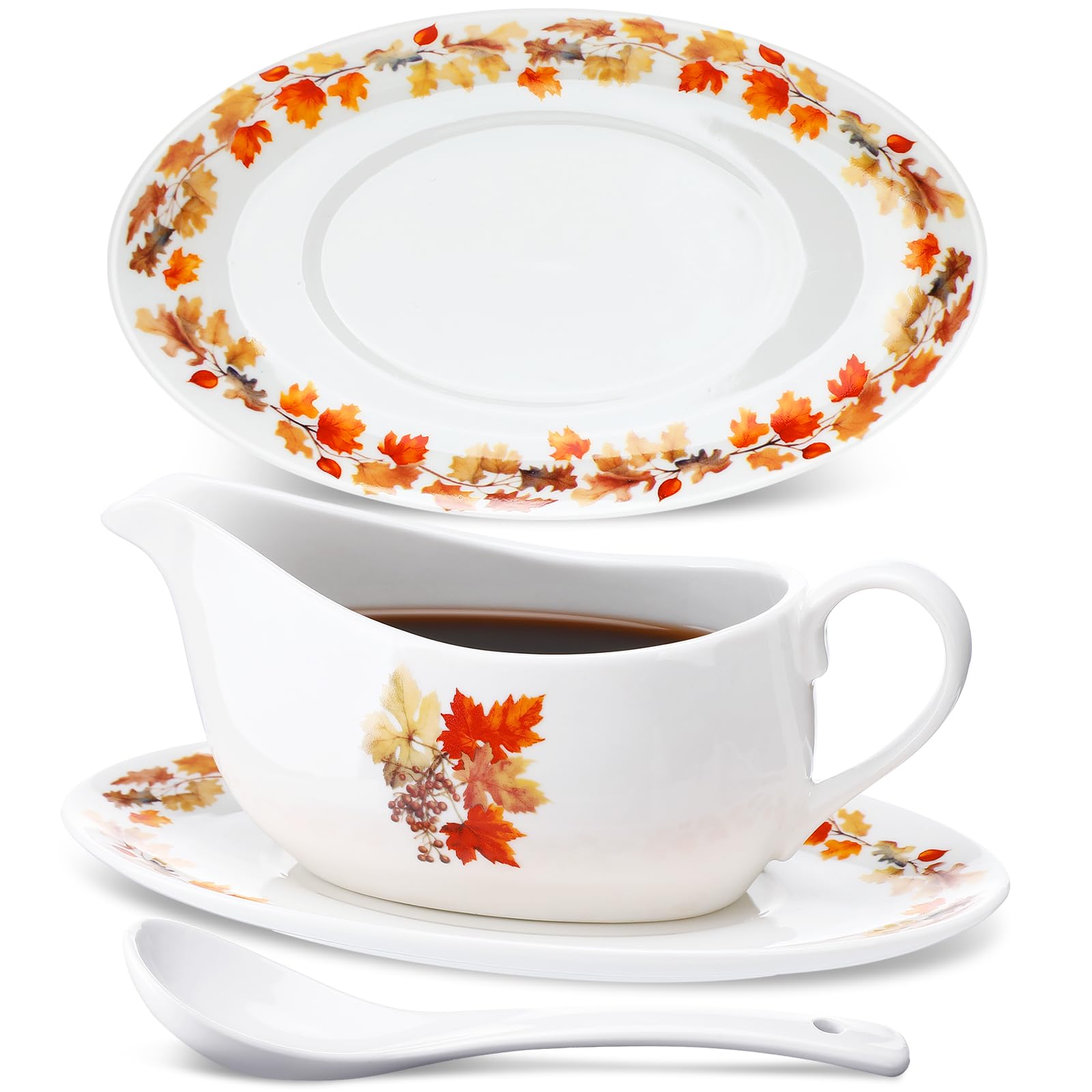 Teenyyou 20 oz Fall Gravy Boat with Ladle and Saucer Thanksgiving Autumn Maple Leaf Ceramic Gravy Bowl with Tray Dripless Lip Sp